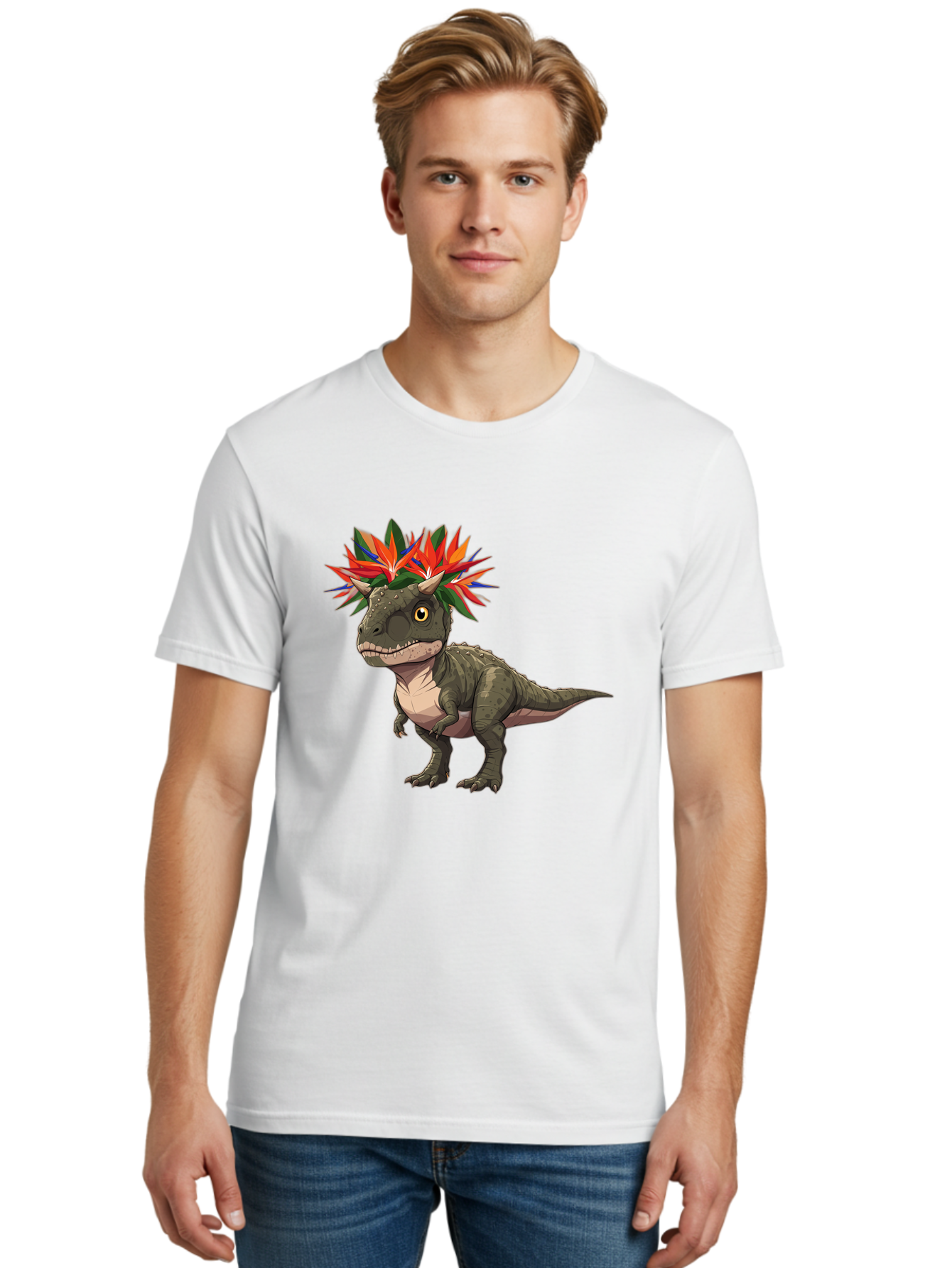 Carnotaurus-With-Flowers Men'S Graphic Tee, 100% Cotton, Comfortable Casual Summer Wear, Machine Washable, Vintage Camera, Old Camera, Antique Camera, Black Camera, Classic Photography, Photography Equipment, Nostalgic Device, Film Camera, Bal949