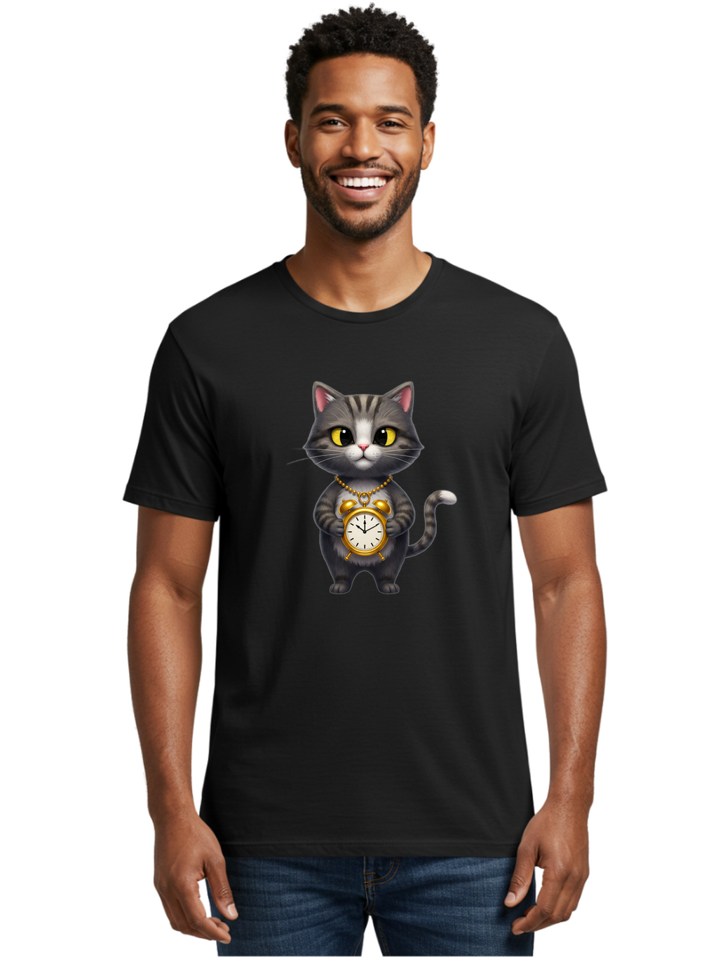 Cat-Holding-Clock Men'S Graphic Tee, 100% Cotton, Comfortable Casual Summer Wear, Machine Washable, Vintage Camera, Old Camera, Antique Camera, Black Camera, Classic Photography, Photography Equipment, Nostalgic Device, Film Camera, Camera Art Bal971