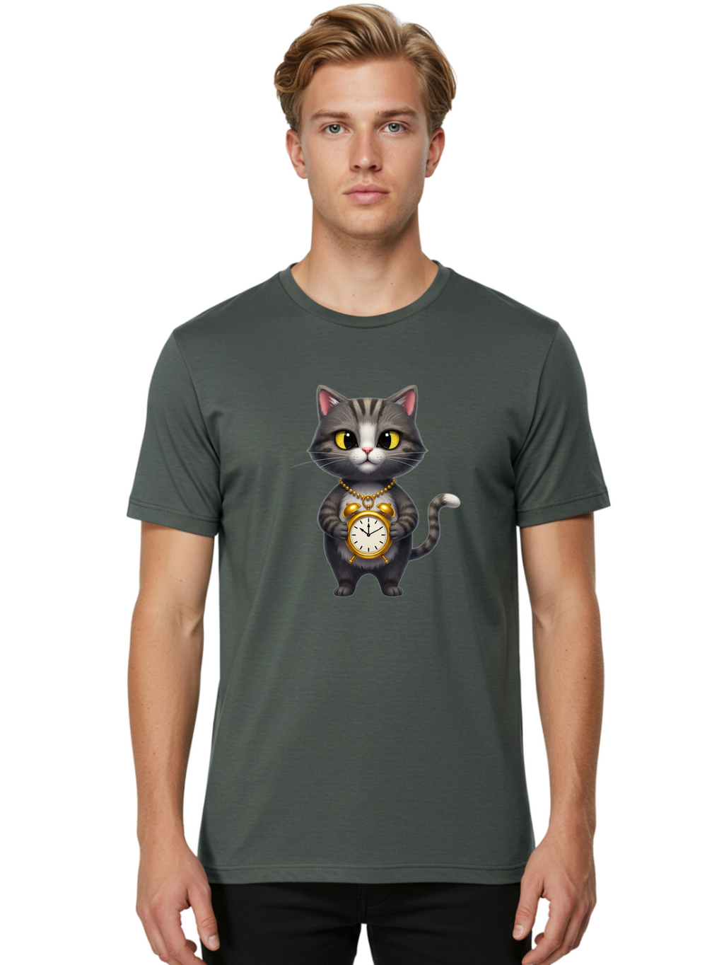 Cat-Holding-Clock Men'S Graphic Tee, 100% Cotton, Comfortable Casual Summer Wear, Machine Washable, Vintage Camera, Old Camera, Antique Camera, Black Camera, Classic Photography, Photography Equipment, Nostalgic Device, Film Camera, Camera Art Bal971