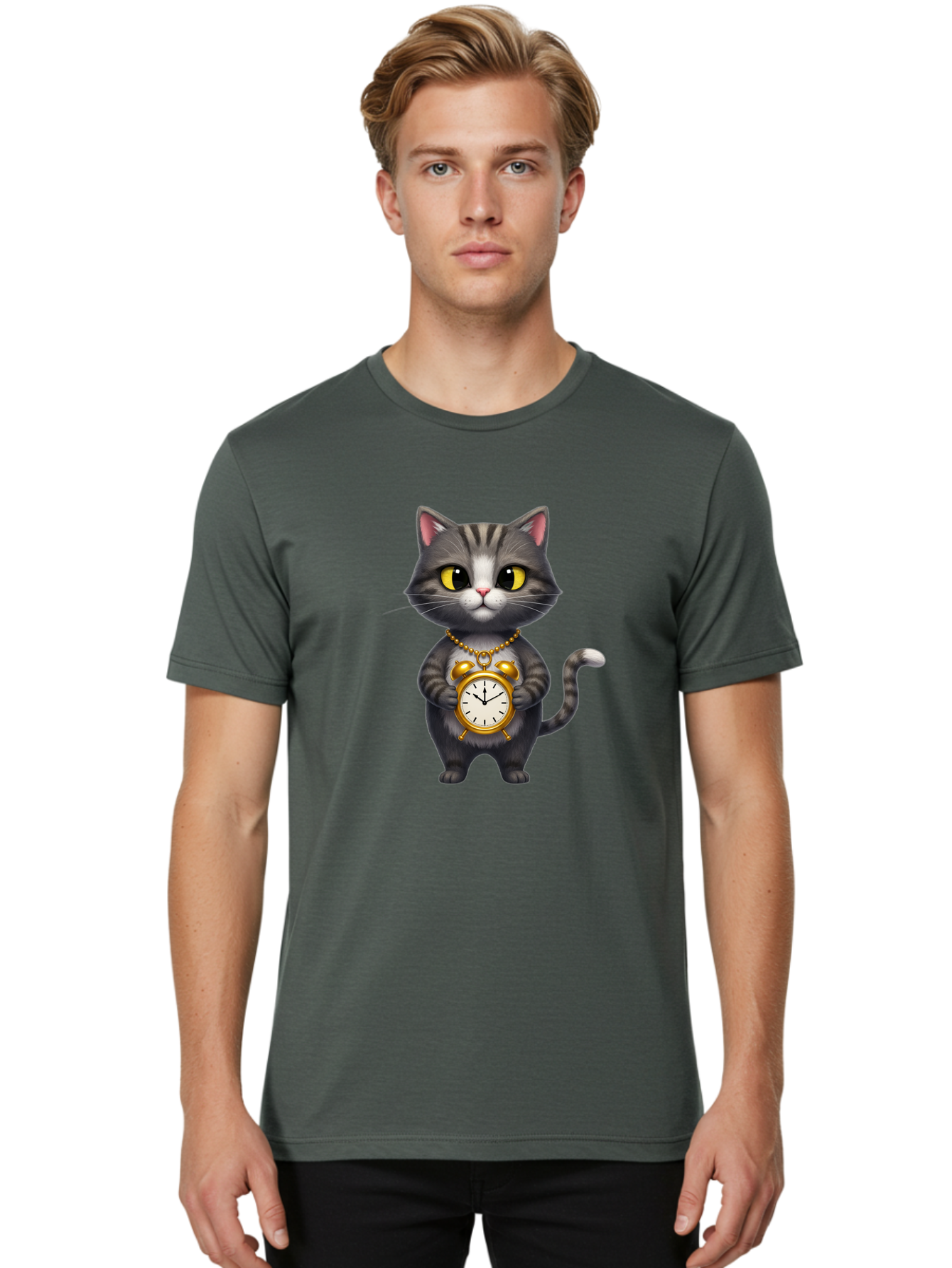 Cat-Holding-Clock Men'S Graphic Tee, 100% Cotton, Comfortable Casual Summer Wear, Machine Washable, Vintage Camera, Old Camera, Antique Camera, Black Camera, Classic Photography, Photography Equipment, Nostalgic Device, Film Camera, Camera Art Bal971