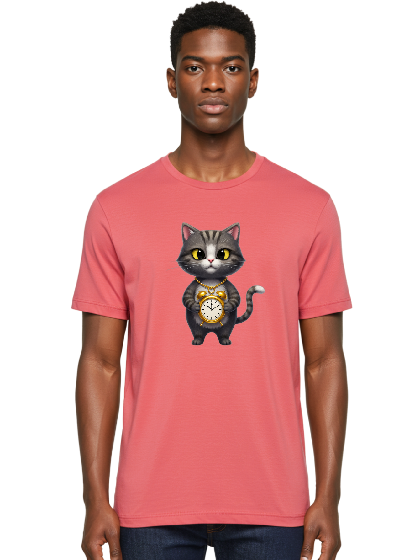 Cat-Holding-Clock Men'S Graphic Tee, 100% Cotton, Comfortable Casual Summer Wear, Machine Washable, Vintage Camera, Old Camera, Antique Camera, Black Camera, Classic Photography, Photography Equipment, Nostalgic Device, Film Camera, Camera Art Bal971
