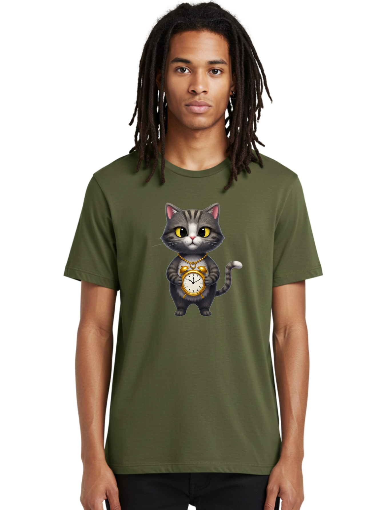 Cat-Holding-Clock Men'S Graphic Tee, 100% Cotton, Comfortable Casual Summer Wear, Machine Washable, Vintage Camera, Old Camera, Antique Camera, Black Camera, Classic Photography, Photography Equipment, Nostalgic Device, Film Camera, Camera Art Bal971