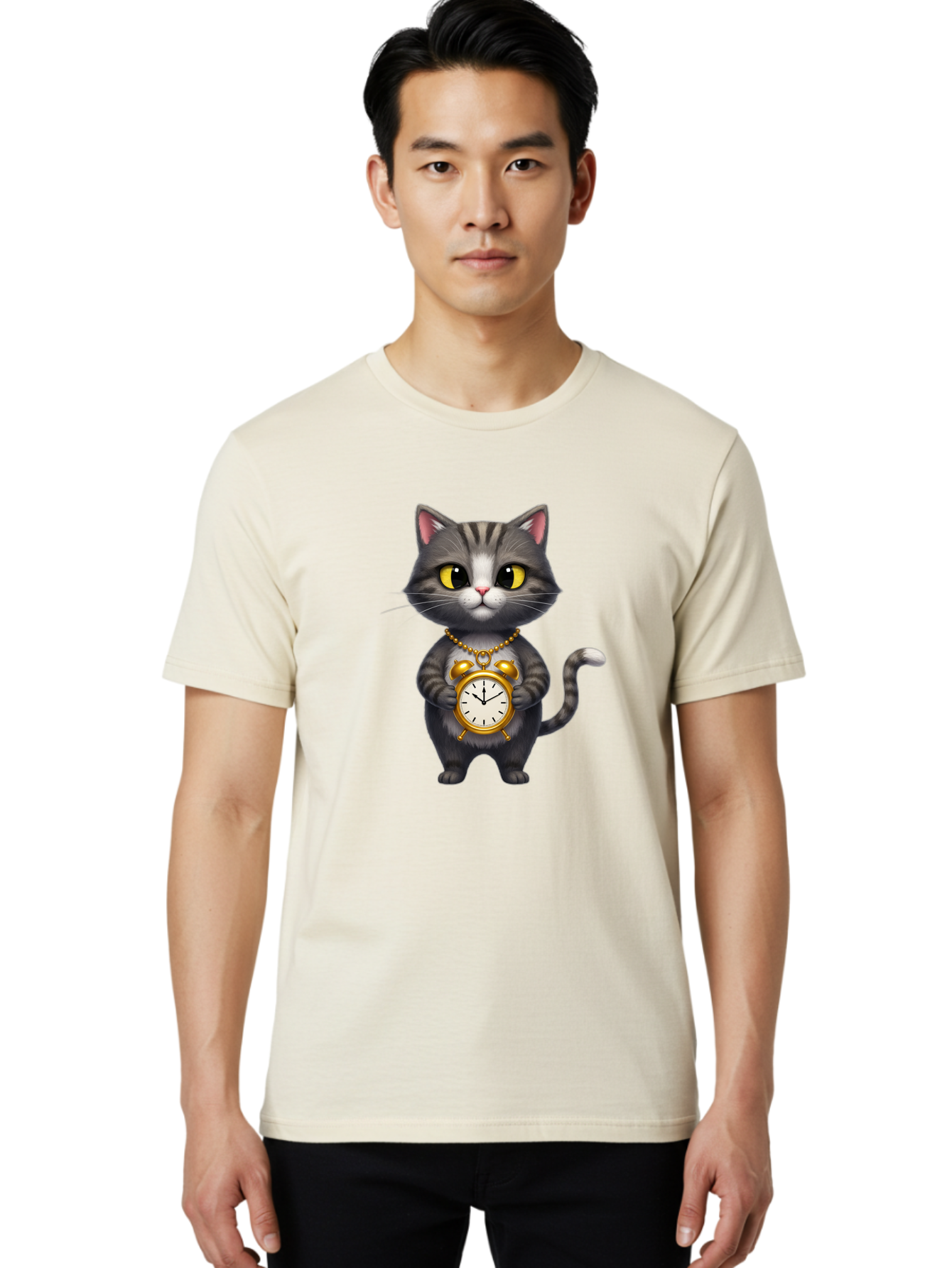 Cat-Holding-Clock Men'S Graphic Tee, 100% Cotton, Comfortable Casual Summer Wear, Machine Washable, Vintage Camera, Old Camera, Antique Camera, Black Camera, Classic Photography, Photography Equipment, Nostalgic Device, Film Camera, Camera Art Bal971