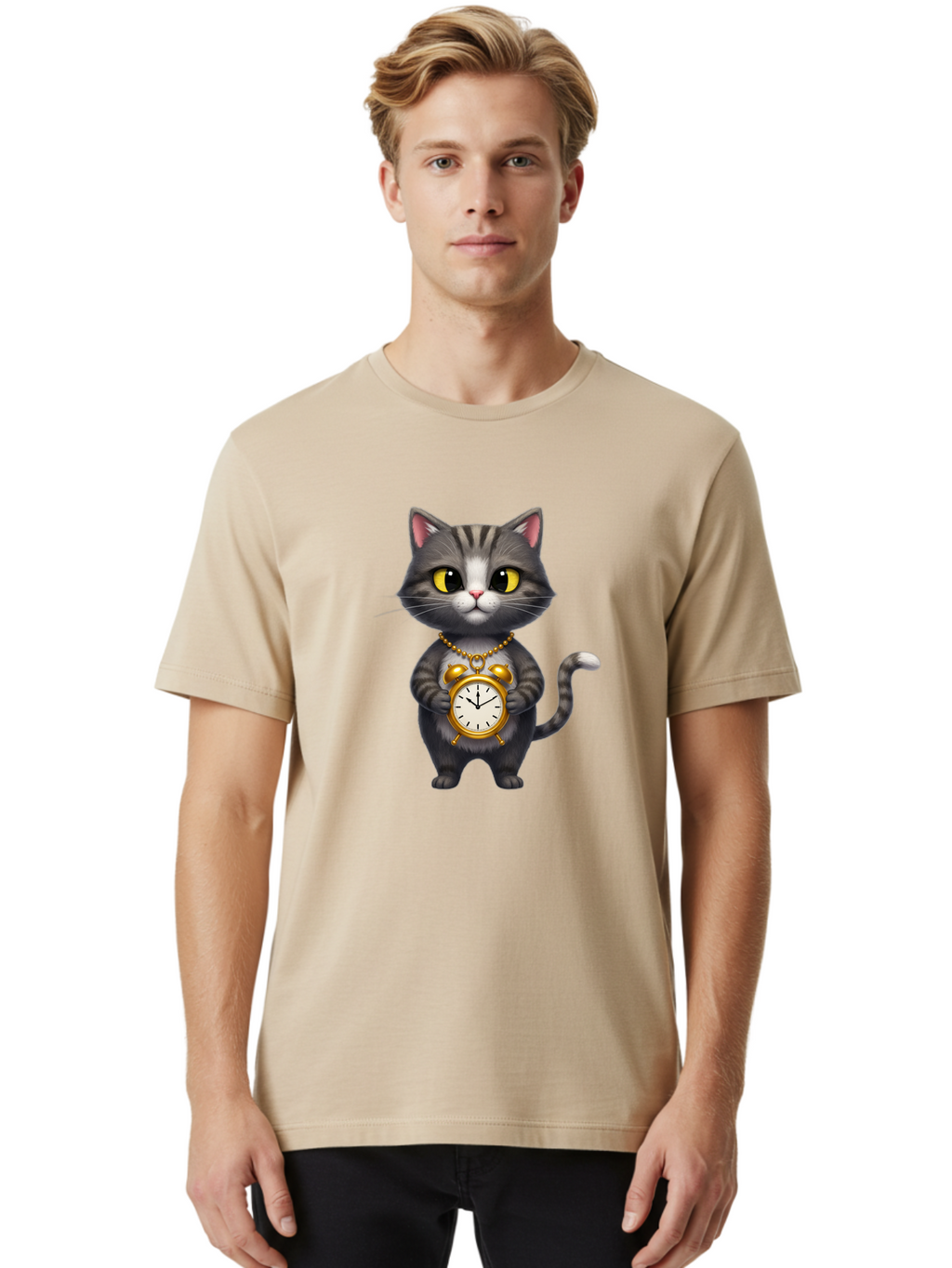Cat-Holding-Clock Men'S Graphic Tee, 100% Cotton, Comfortable Casual Summer Wear, Machine Washable, Vintage Camera, Old Camera, Antique Camera, Black Camera, Classic Photography, Photography Equipment, Nostalgic Device, Film Camera, Camera Art Bal971