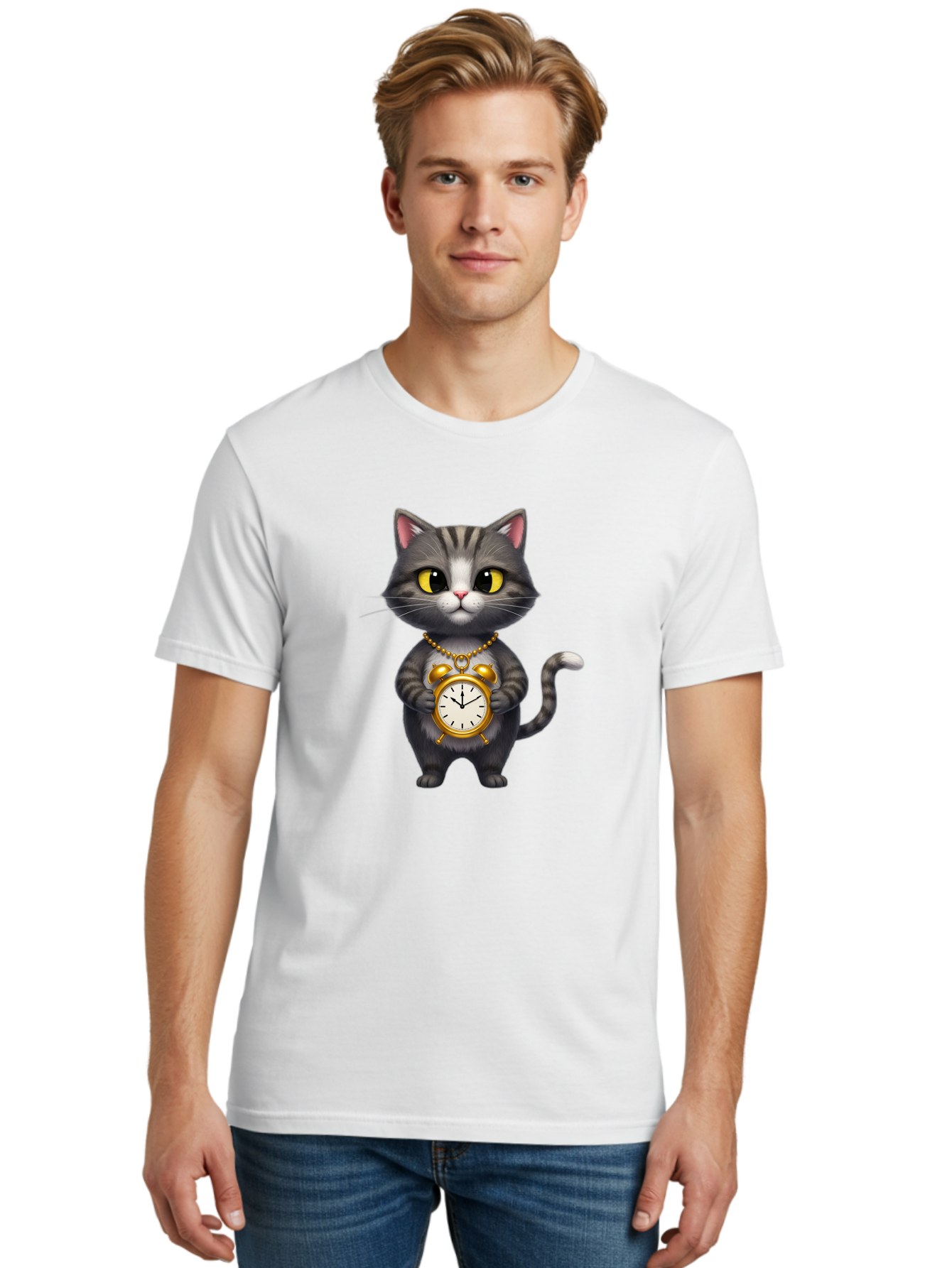 Cat-Holding-Clock Men'S Graphic Tee, 100% Cotton, Comfortable Casual Summer Wear, Machine Washable, Vintage Camera, Old Camera, Antique Camera, Black Camera, Classic Photography, Photography Equipment, Nostalgic Device, Film Camera, Camera Art Bal971