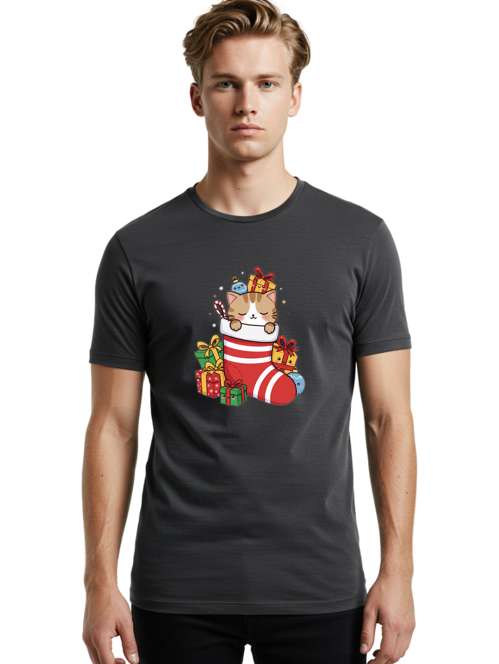 Cat-In-Christmas-Stocking-5 Men'S Graphic Tee, 100% Cotton, Comfortable Casual Summer Wear, Machine Washable, Vintage Camera, Old Camera, Antique Camera, Black Camera, Classic Photography, Photography Equipment, Nostalgic Device, Film Camera, Bal976