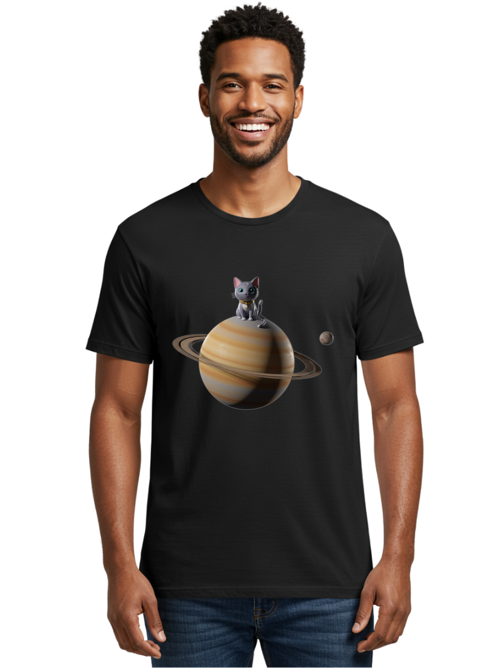 Cat-On-Saturn-1 Men'S Graphic Tee, 100% Cotton, Comfortable Casual Summer Wear, Machine Washable, Vintage Camera, Old Camera, Antique Camera, Black Camera, Classic Photography, Photography Equipment, Nostalgic Device, Film Camera, Camera Art Bal985