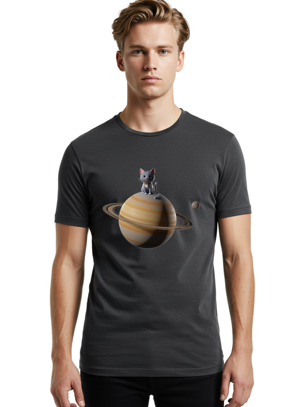 Cat-On-Saturn-1 Men'S Graphic Tee, 100% Cotton, Comfortable Casual Summer Wear, Machine Washable, Vintage Camera, Old Camera, Antique Camera, Black Camera, Classic Photography, Photography Equipment, Nostalgic Device, Film Camera, Camera Art Bal985