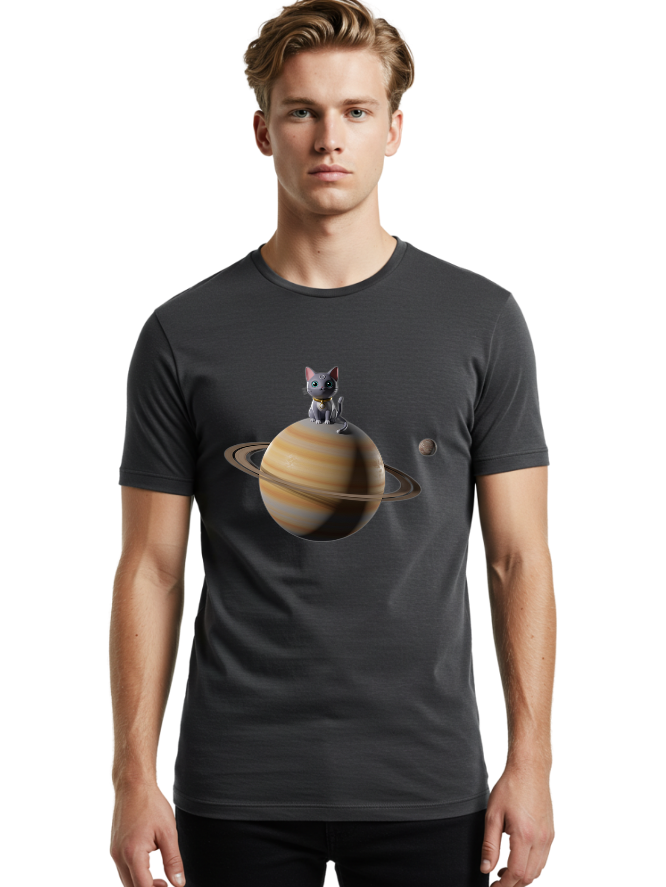 Cat-On-Saturn-1 Men'S Graphic Tee, 100% Cotton, Comfortable Casual Summer Wear, Machine Washable, Vintage Camera, Old Camera, Antique Camera, Black Camera, Classic Photography, Photography Equipment, Nostalgic Device, Film Camera, Camera Art Bal985