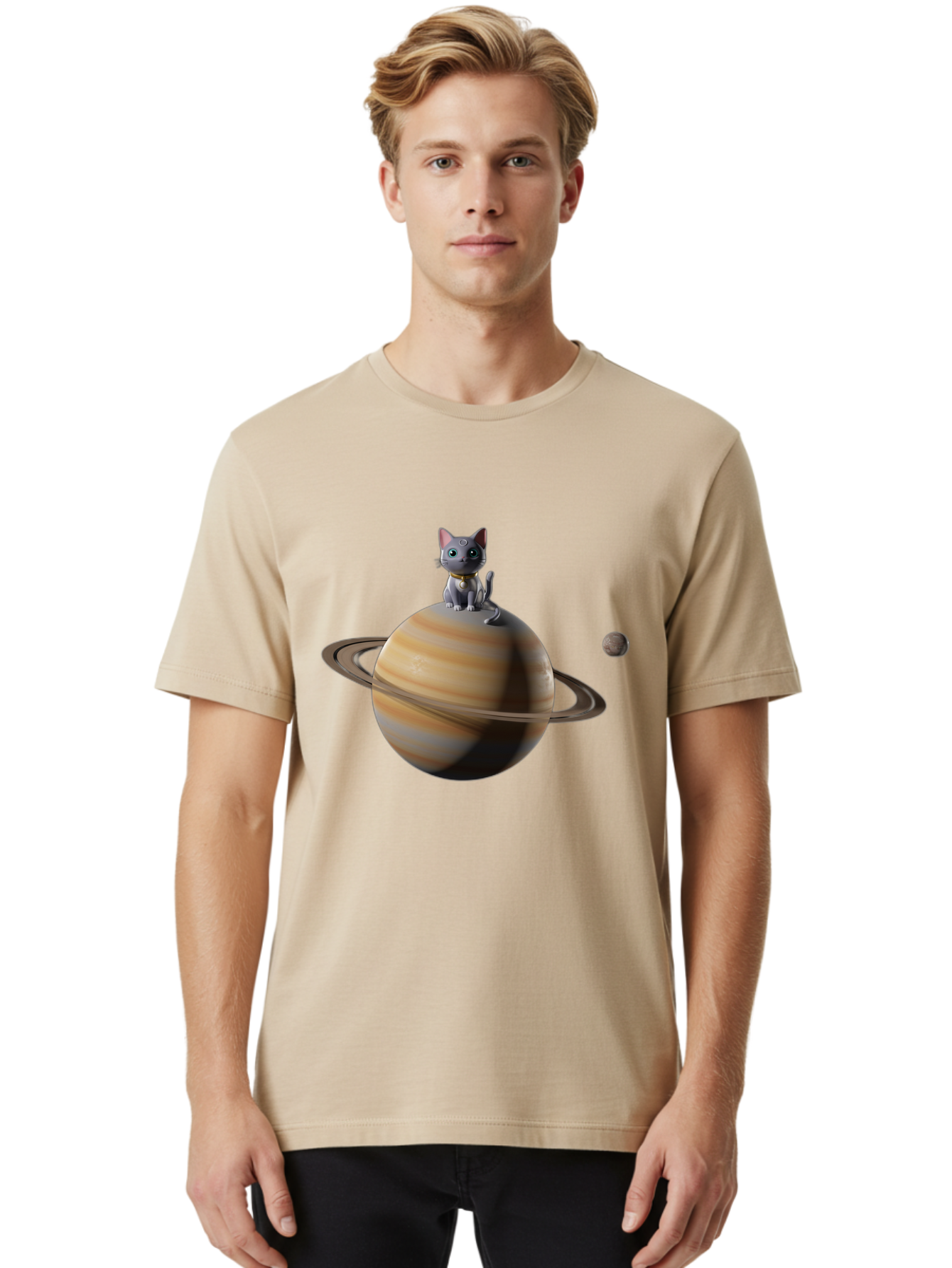 Cat-On-Saturn-1 Men'S Graphic Tee, 100% Cotton, Comfortable Casual Summer Wear, Machine Washable, Vintage Camera, Old Camera, Antique Camera, Black Camera, Classic Photography, Photography Equipment, Nostalgic Device, Film Camera, Camera Art Bal985