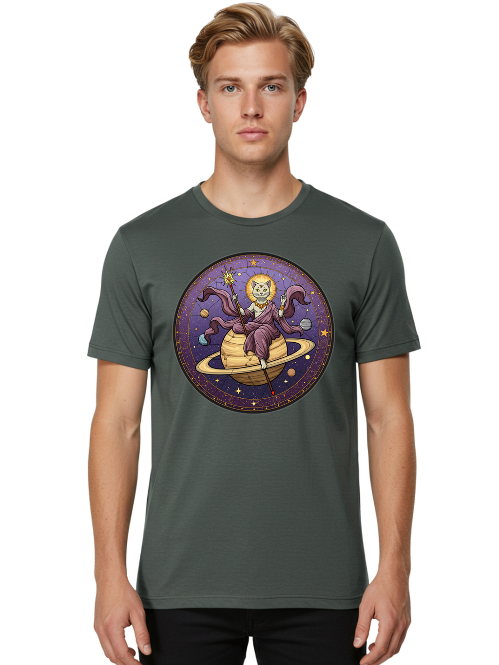 Cat-On-Saturn-2 Men'S Graphic Tee, 100% Cotton, Comfortable Casual Summer Wear, Machine Washable, Vintage Camera, Old Camera, Antique Camera, Black Camera, Classic Photography, Photography Equipment, Nostalgic Device, Film Camera, Camera Art Bal986