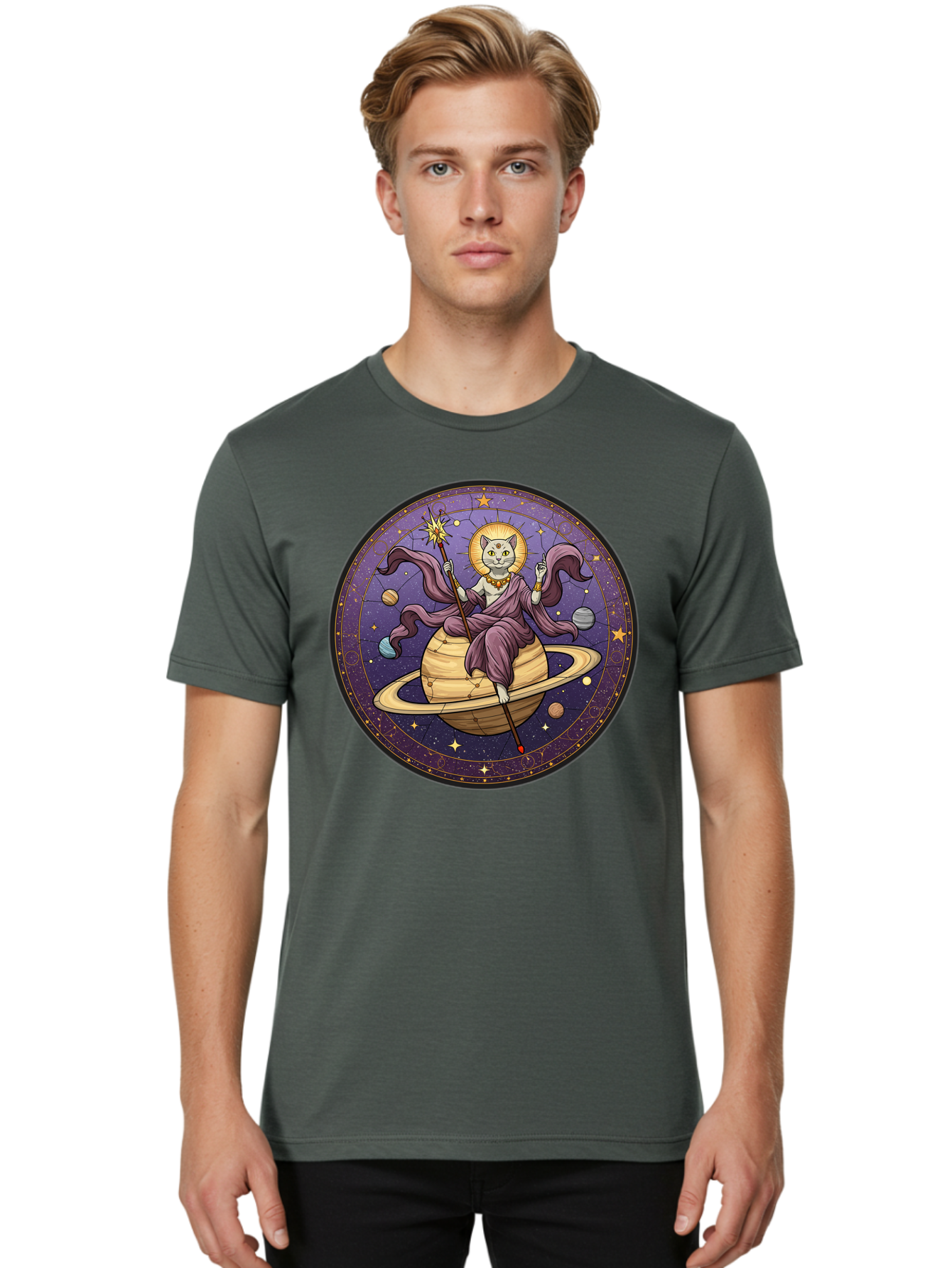 Cat-On-Saturn-2 Men'S Graphic Tee, 100% Cotton, Comfortable Casual Summer Wear, Machine Washable, Vintage Camera, Old Camera, Antique Camera, Black Camera, Classic Photography, Photography Equipment, Nostalgic Device, Film Camera, Camera Art Bal986