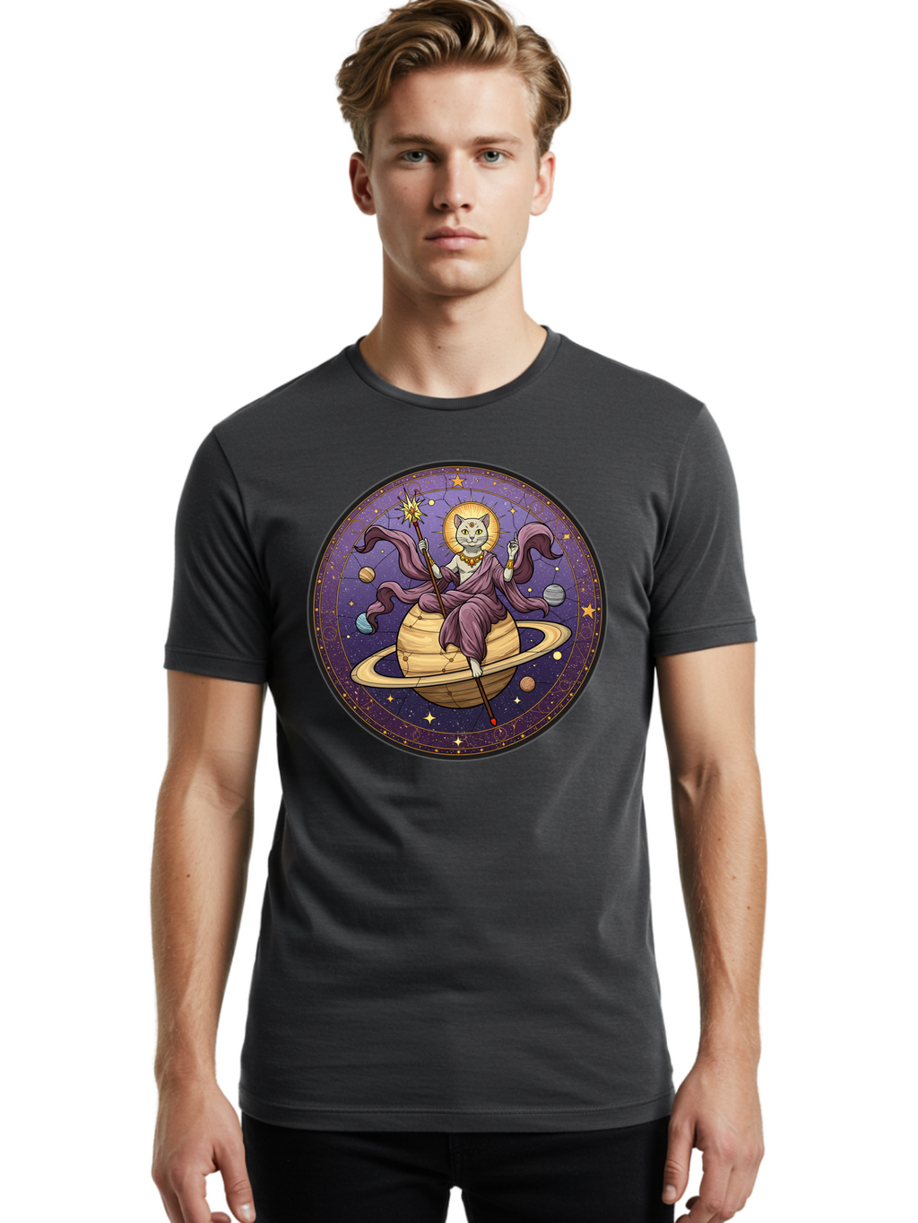 Cat-On-Saturn-2 Men'S Graphic Tee, 100% Cotton, Comfortable Casual Summer Wear, Machine Washable, Vintage Camera, Old Camera, Antique Camera, Black Camera, Classic Photography, Photography Equipment, Nostalgic Device, Film Camera, Camera Art Bal986