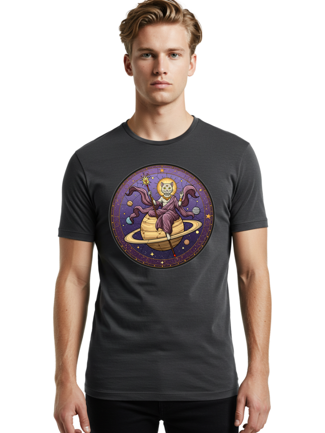 Cat-On-Saturn-2 Men'S Graphic Tee, 100% Cotton, Comfortable Casual Summer Wear, Machine Washable, Vintage Camera, Old Camera, Antique Camera, Black Camera, Classic Photography, Photography Equipment, Nostalgic Device, Film Camera, Camera Art Bal986
