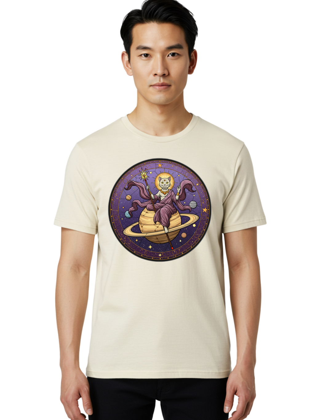 Cat-On-Saturn-2 Men'S Graphic Tee, 100% Cotton, Comfortable Casual Summer Wear, Machine Washable, Vintage Camera, Old Camera, Antique Camera, Black Camera, Classic Photography, Photography Equipment, Nostalgic Device, Film Camera, Camera Art Bal986