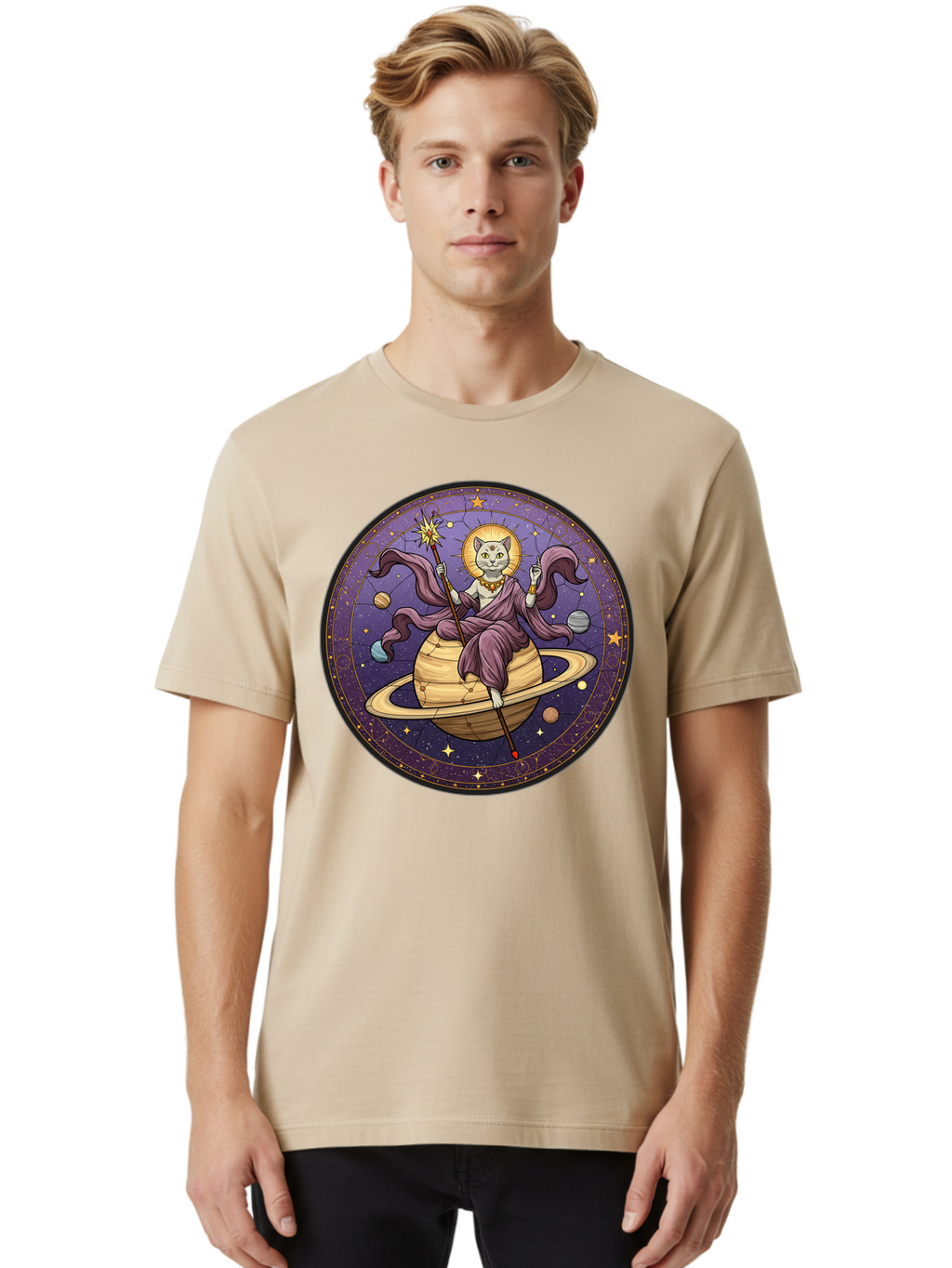 Cat-On-Saturn-2 Men'S Graphic Tee, 100% Cotton, Comfortable Casual Summer Wear, Machine Washable, Vintage Camera, Old Camera, Antique Camera, Black Camera, Classic Photography, Photography Equipment, Nostalgic Device, Film Camera, Camera Art Bal986