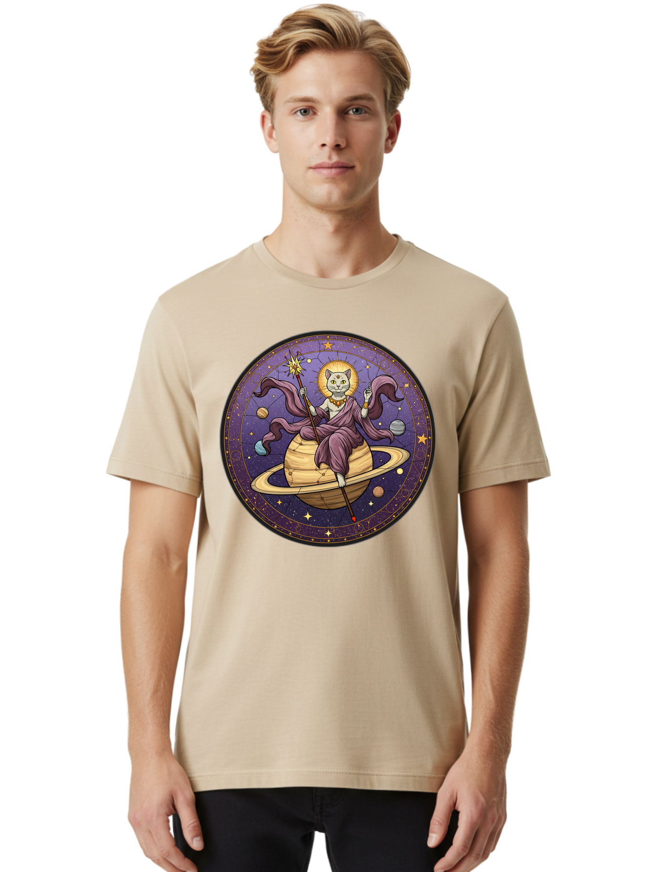 Cat-On-Saturn-2 Men'S Graphic Tee, 100% Cotton, Comfortable Casual Summer Wear, Machine Washable, Vintage Camera, Old Camera, Antique Camera, Black Camera, Classic Photography, Photography Equipment, Nostalgic Device, Film Camera, Camera Art Bal986
