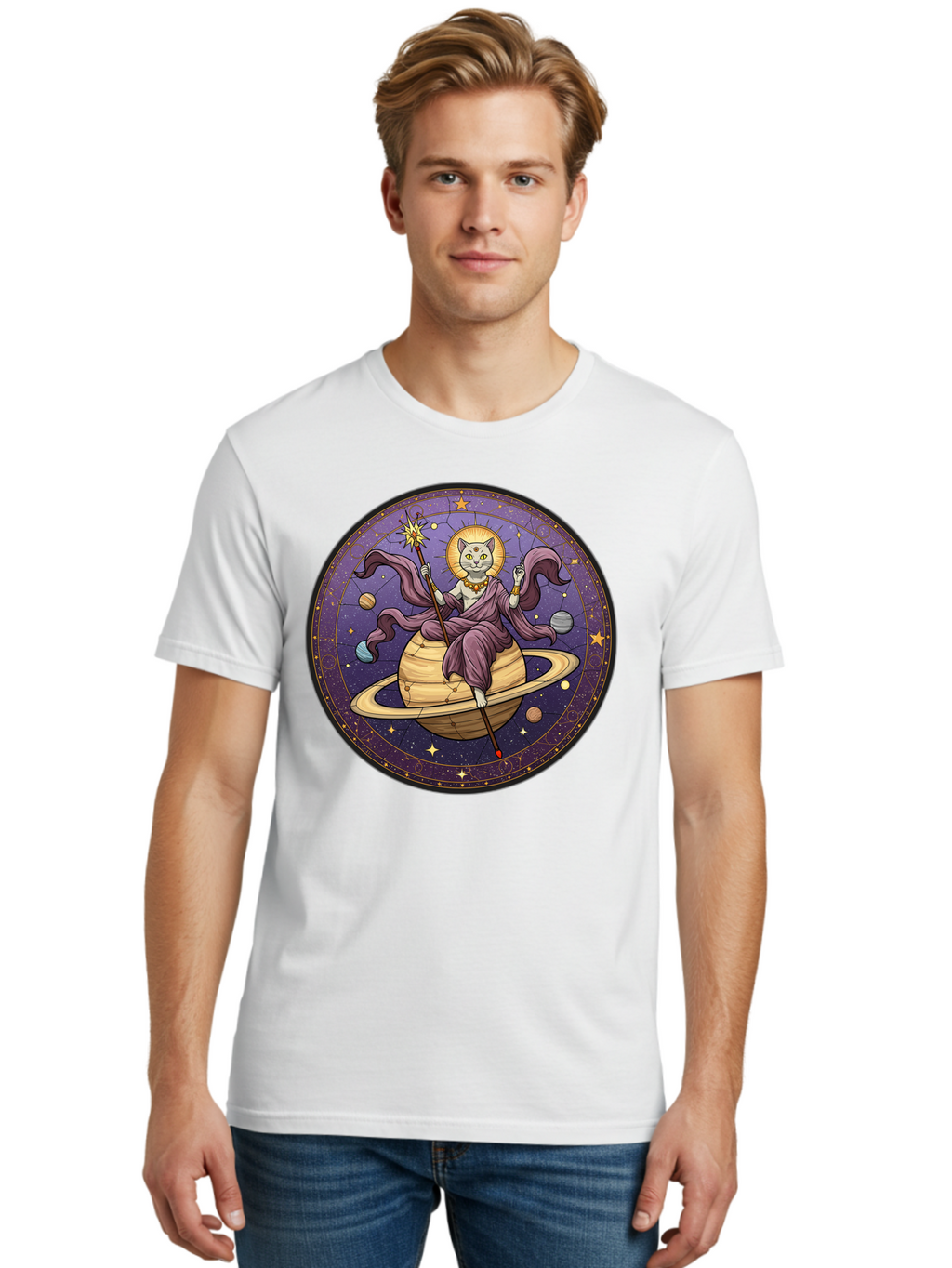 Cat-On-Saturn-2 Men'S Graphic Tee, 100% Cotton, Comfortable Casual Summer Wear, Machine Washable, Vintage Camera, Old Camera, Antique Camera, Black Camera, Classic Photography, Photography Equipment, Nostalgic Device, Film Camera, Camera Art Bal986