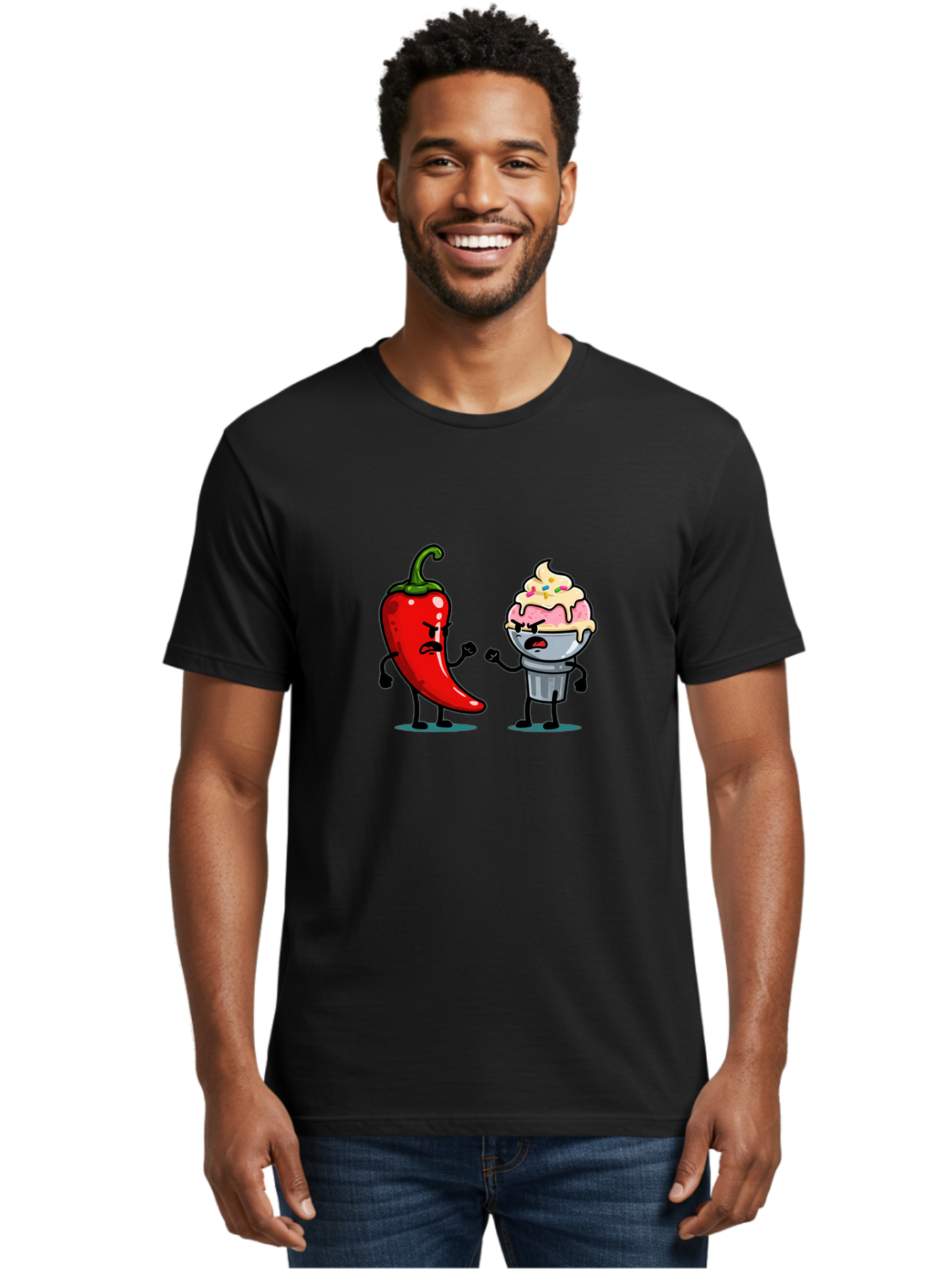 Chili-Pepper-Vs-Ice-Cream-1 Men'S Graphic Tee, 100% Cotton, Comfortable Casual Summer Wear, Machine Washable, Vintage Camera, Old Camera, Antique Camera, Black Camera, Classic Photography, Photography Equipment, Nostalgic Device, Film Camera, Bam023