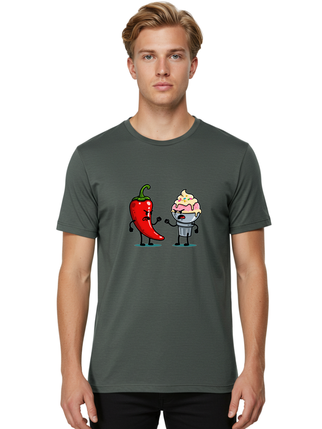 Chili-Pepper-Vs-Ice-Cream-1 Men'S Graphic Tee, 100% Cotton, Comfortable Casual Summer Wear, Machine Washable, Vintage Camera, Old Camera, Antique Camera, Black Camera, Classic Photography, Photography Equipment, Nostalgic Device, Film Camera, Bam023