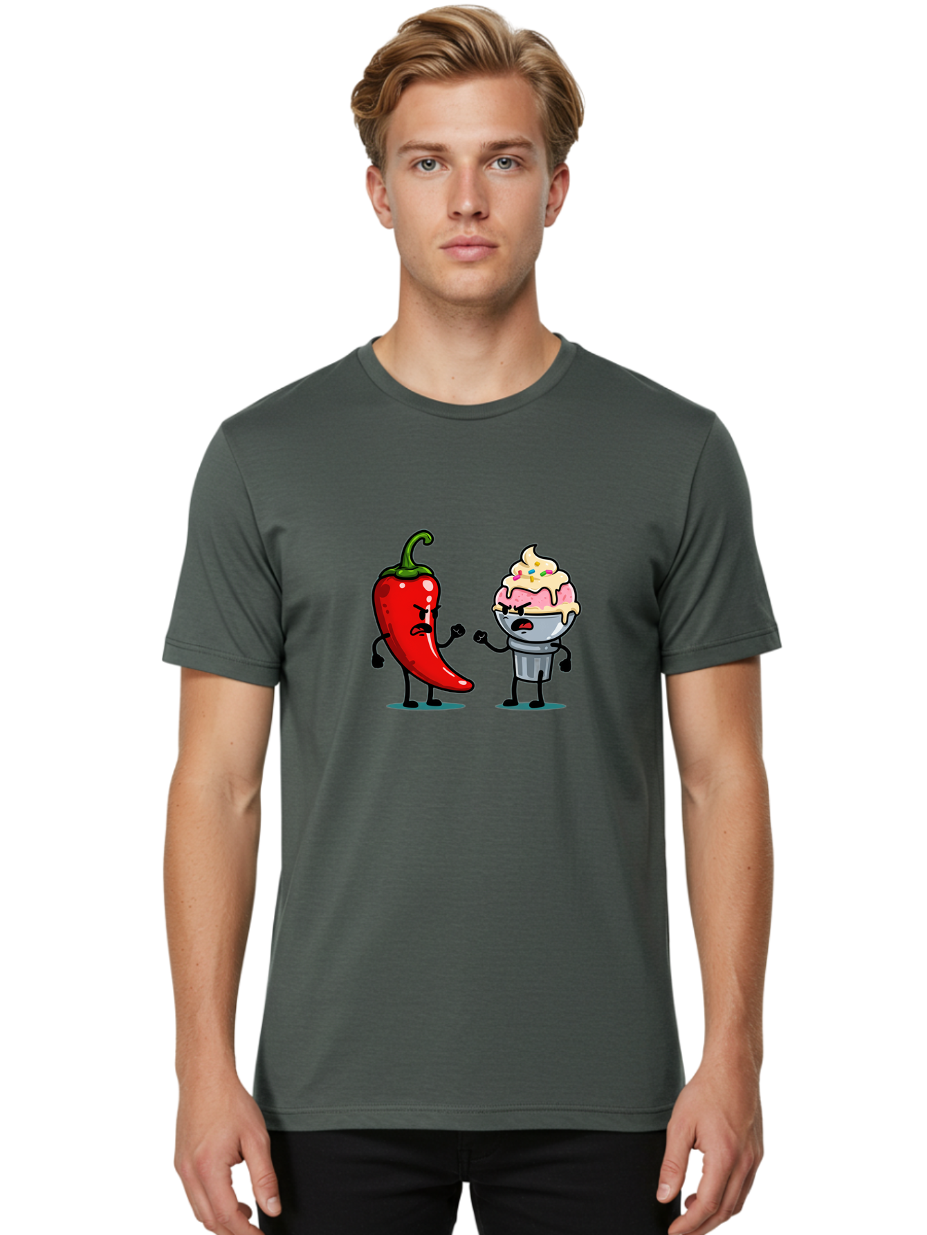 Chili-Pepper-Vs-Ice-Cream-1 Men'S Graphic Tee, 100% Cotton, Comfortable Casual Summer Wear, Machine Washable, Vintage Camera, Old Camera, Antique Camera, Black Camera, Classic Photography, Photography Equipment, Nostalgic Device, Film Camera, Bam023