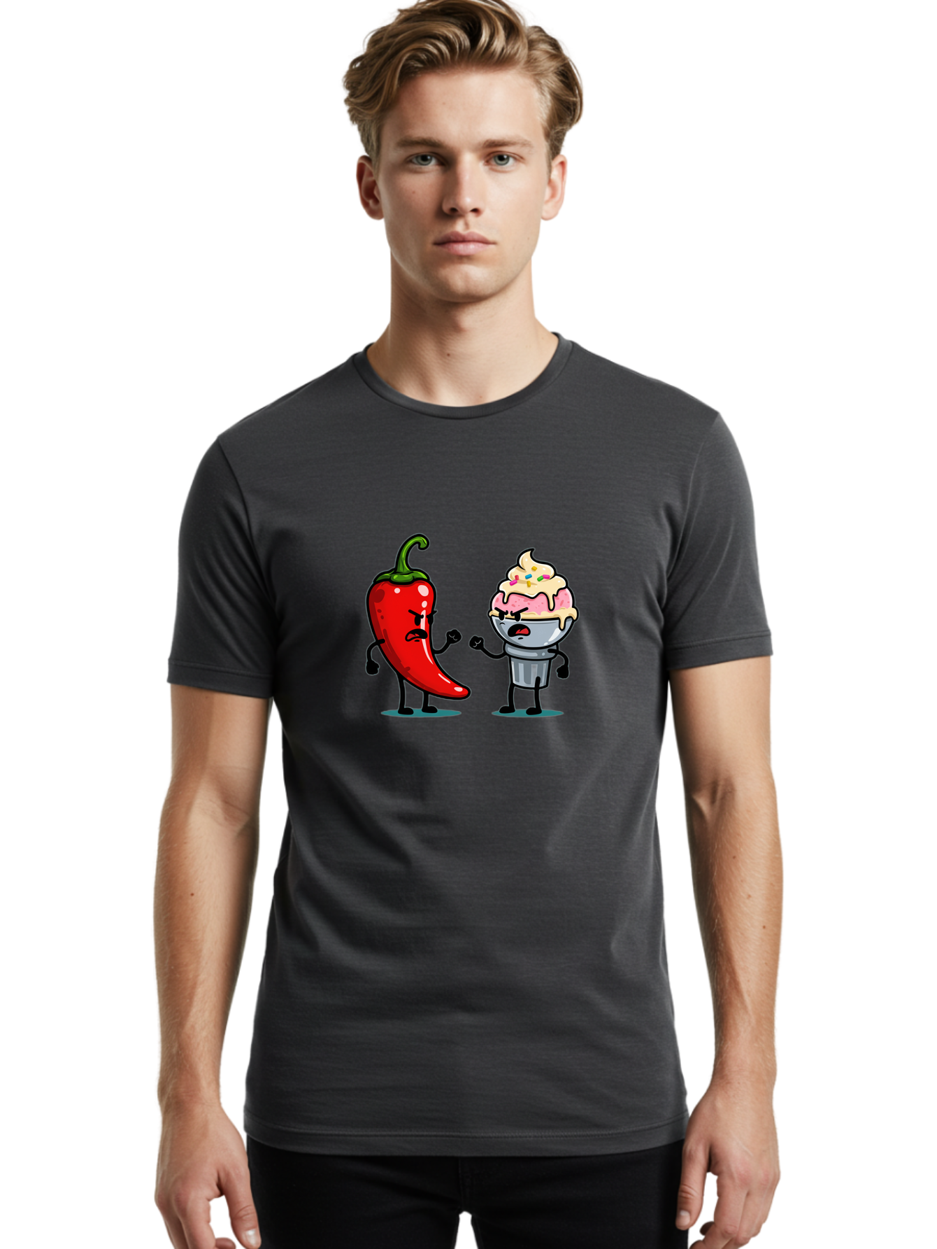 Chili-Pepper-Vs-Ice-Cream-1 Men'S Graphic Tee, 100% Cotton, Comfortable Casual Summer Wear, Machine Washable, Vintage Camera, Old Camera, Antique Camera, Black Camera, Classic Photography, Photography Equipment, Nostalgic Device, Film Camera, Bam023