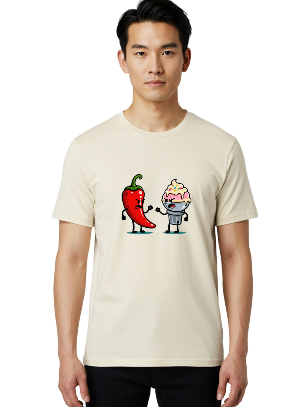 Chili-Pepper-Vs-Ice-Cream-1 Men'S Graphic Tee, 100% Cotton, Comfortable Casual Summer Wear, Machine Washable, Vintage Camera, Old Camera, Antique Camera, Black Camera, Classic Photography, Photography Equipment, Nostalgic Device, Film Camera, Bam023