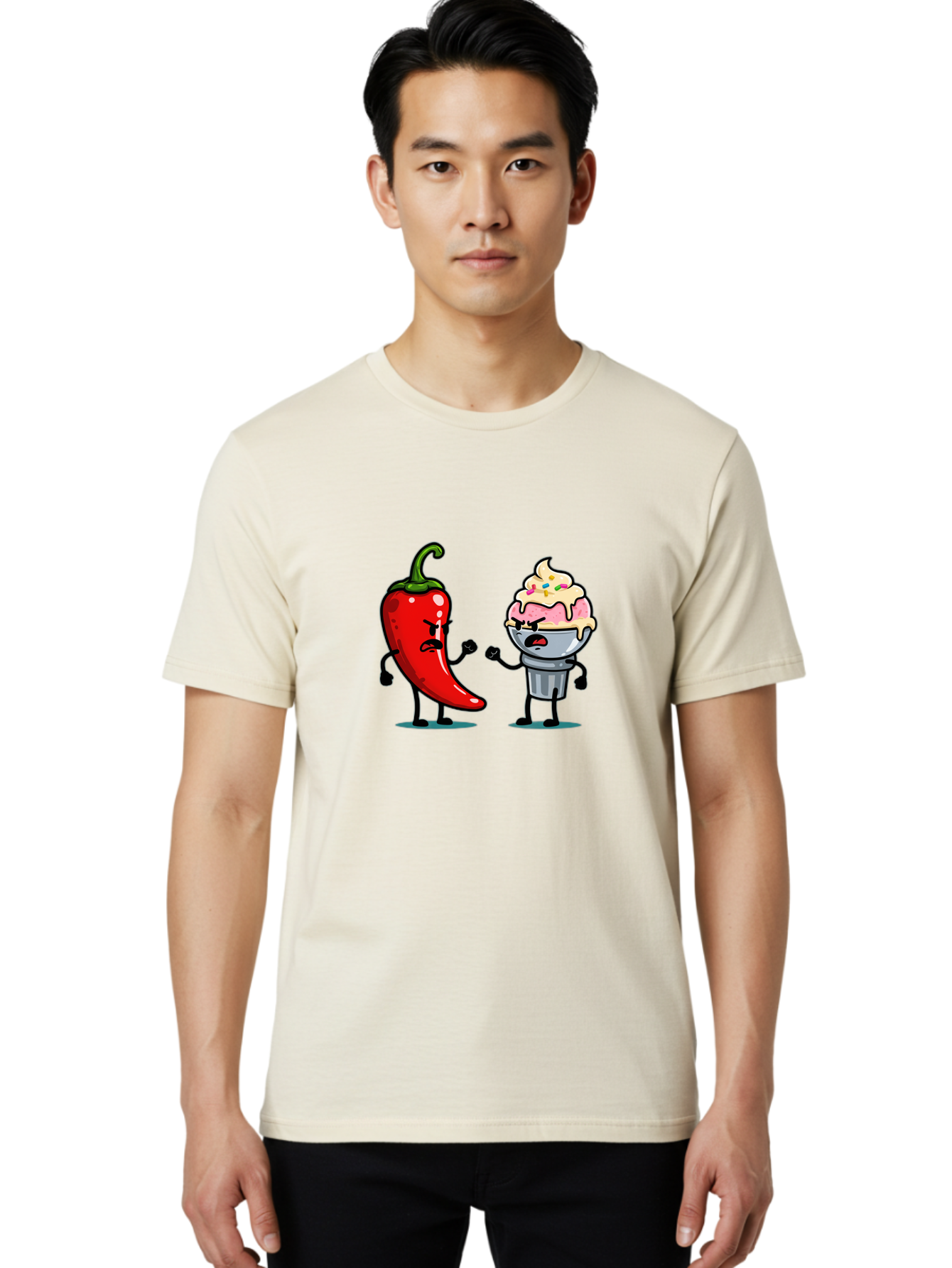 Chili-Pepper-Vs-Ice-Cream-1 Men'S Graphic Tee, 100% Cotton, Comfortable Casual Summer Wear, Machine Washable, Vintage Camera, Old Camera, Antique Camera, Black Camera, Classic Photography, Photography Equipment, Nostalgic Device, Film Camera, Bam023