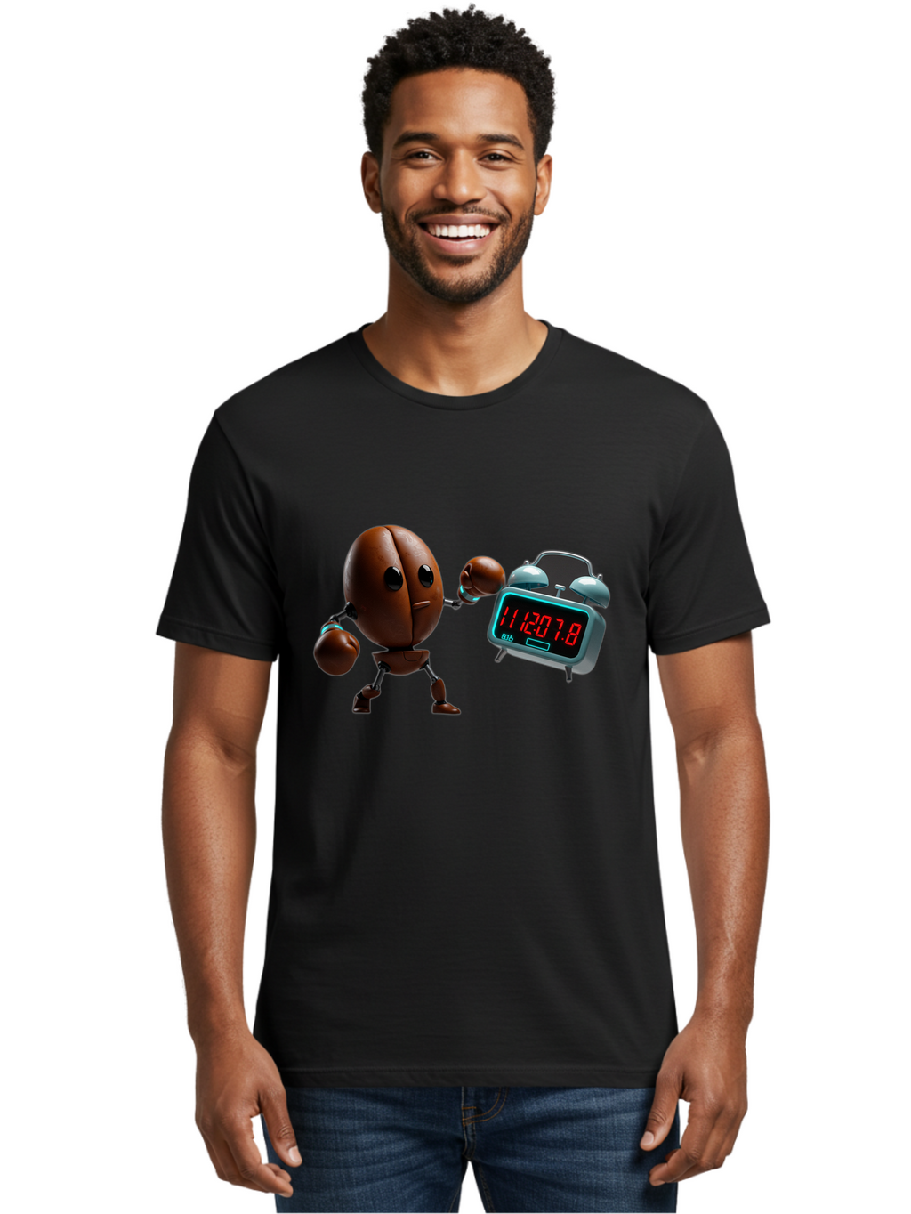 Coffee-Bean-Robot-Punching-Alarm-Clock Men'S Graphic Tee, 100% Cotton, Comfortable Casual Summer Wear, Machine Washable, Vintage Camera, Old Camera, Antique Camera, Black Camera, Classic Photography, Photography Equipment, Nostalgic Device, Bam074
