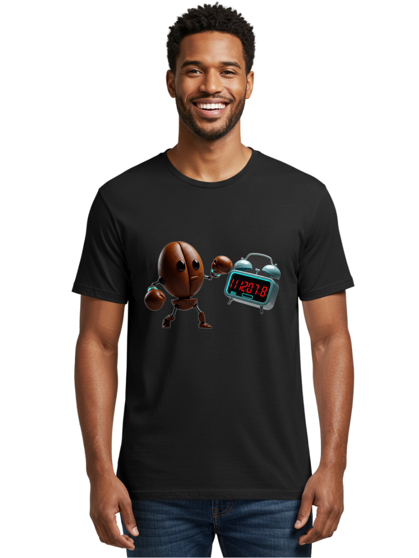 Coffee-Bean-Robot-Punching-Alarm-Clock Men'S Graphic Tee, 100% Cotton, Comfortable Casual Summer Wear, Machine Washable, Vintage Camera, Old Camera, Antique Camera, Black Camera, Classic Photography, Photography Equipment, Nostalgic Device, Bam074