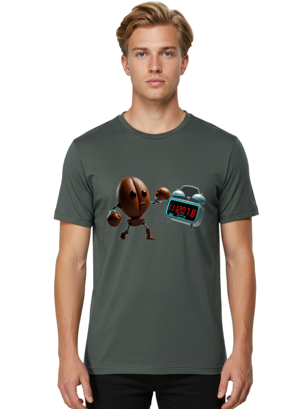 Coffee-Bean-Robot-Punching-Alarm-Clock Men'S Graphic Tee, 100% Cotton, Comfortable Casual Summer Wear, Machine Washable, Vintage Camera, Old Camera, Antique Camera, Black Camera, Classic Photography, Photography Equipment, Nostalgic Device, Bam074