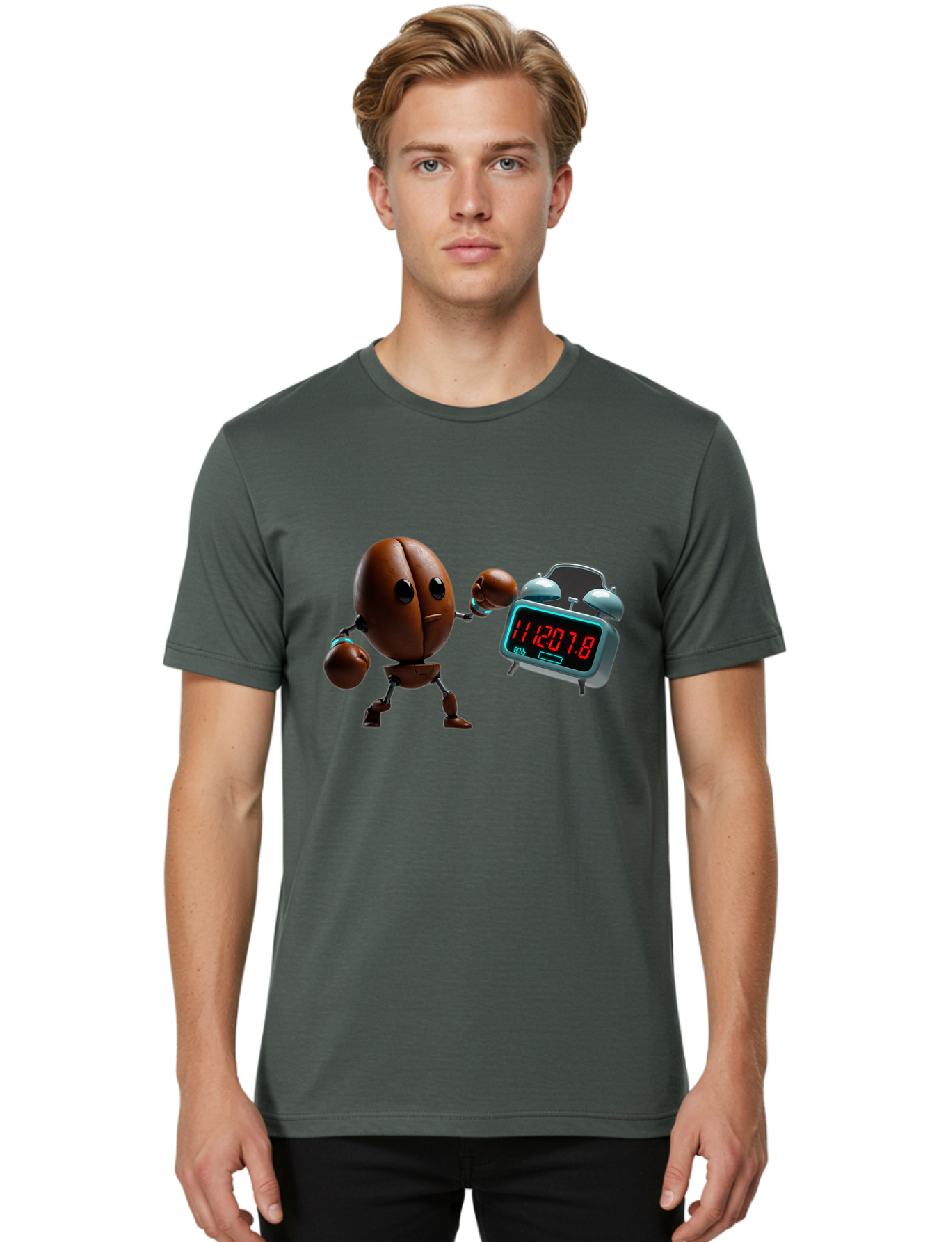 Coffee-Bean-Robot-Punching-Alarm-Clock Men'S Graphic Tee, 100% Cotton, Comfortable Casual Summer Wear, Machine Washable, Vintage Camera, Old Camera, Antique Camera, Black Camera, Classic Photography, Photography Equipment, Nostalgic Device, Bam074
