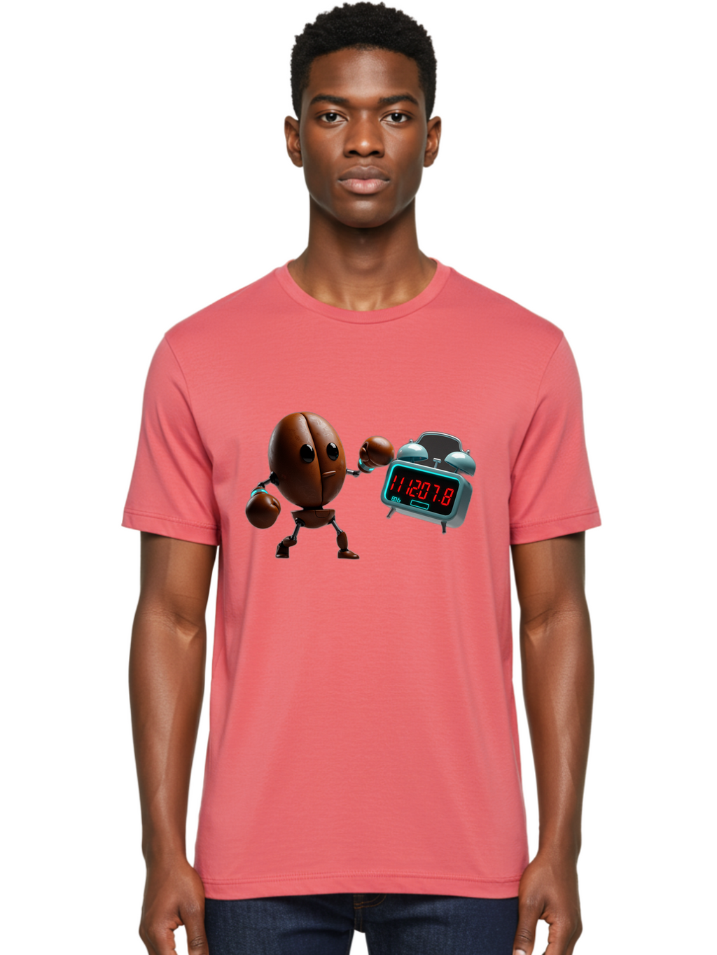 Coffee-Bean-Robot-Punching-Alarm-Clock Men'S Graphic Tee, 100% Cotton, Comfortable Casual Summer Wear, Machine Washable, Vintage Camera, Old Camera, Antique Camera, Black Camera, Classic Photography, Photography Equipment, Nostalgic Device, Bam074