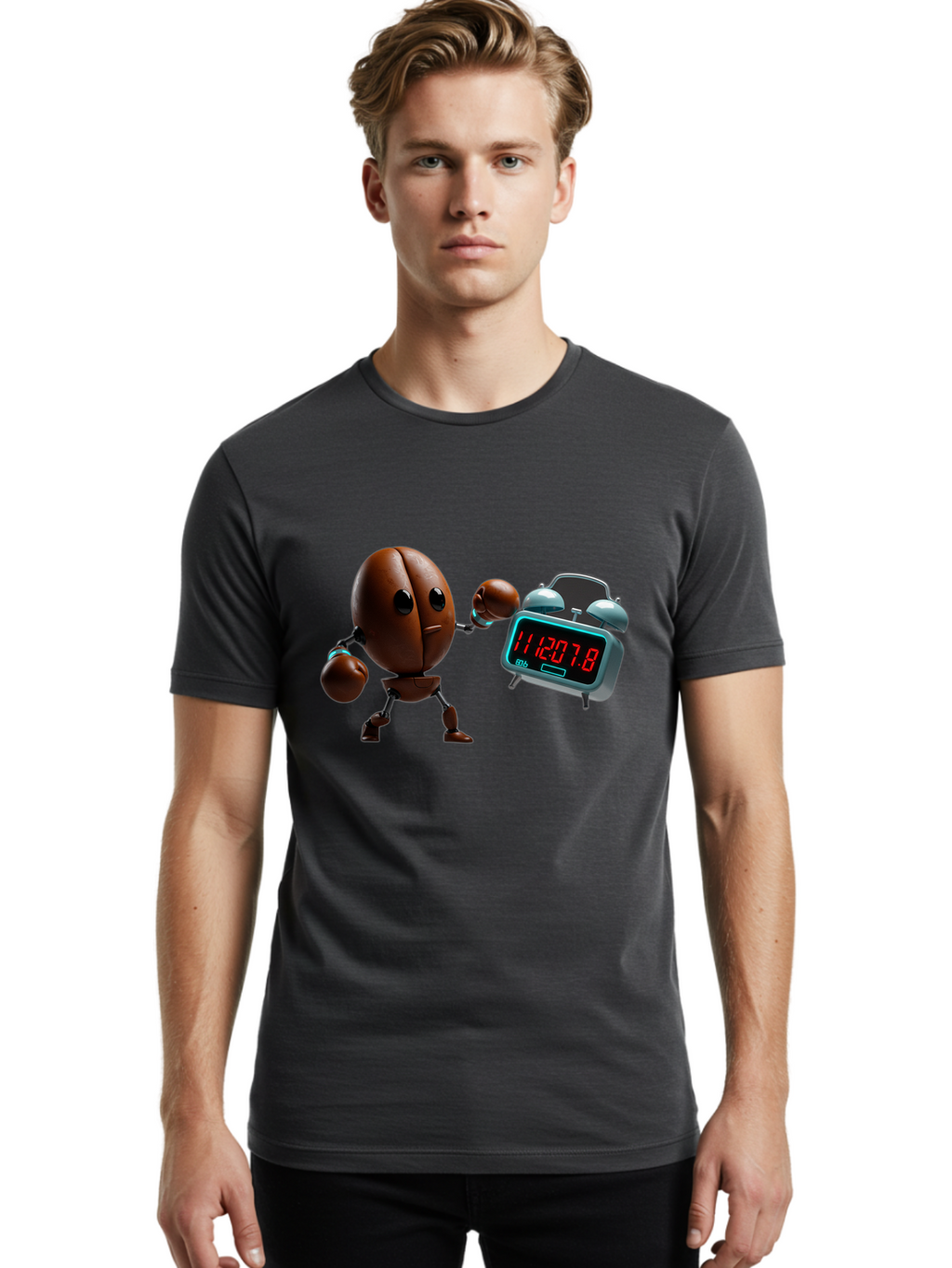 Coffee-Bean-Robot-Punching-Alarm-Clock Men'S Graphic Tee, 100% Cotton, Comfortable Casual Summer Wear, Machine Washable, Vintage Camera, Old Camera, Antique Camera, Black Camera, Classic Photography, Photography Equipment, Nostalgic Device, Bam074