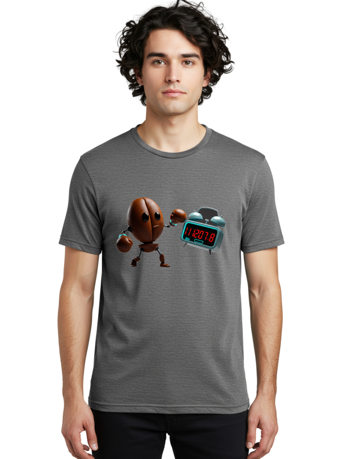 Coffee-Bean-Robot-Punching-Alarm-Clock Men'S Graphic Tee, 100% Cotton, Comfortable Casual Summer Wear, Machine Washable, Vintage Camera, Old Camera, Antique Camera, Black Camera, Classic Photography, Photography Equipment, Nostalgic Device, Bam074