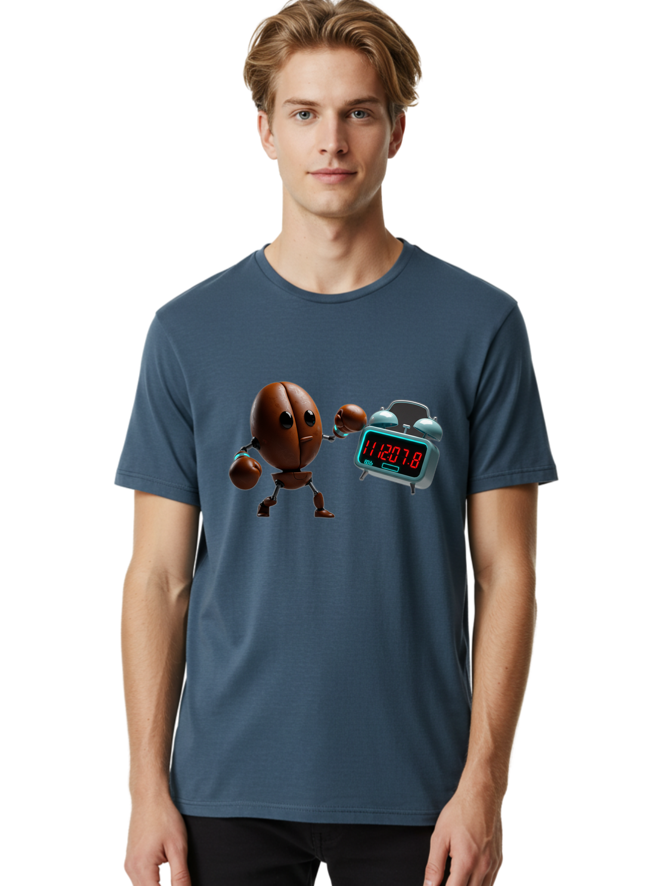 Coffee-Bean-Robot-Punching-Alarm-Clock Men'S Graphic Tee, 100% Cotton, Comfortable Casual Summer Wear, Machine Washable, Vintage Camera, Old Camera, Antique Camera, Black Camera, Classic Photography, Photography Equipment, Nostalgic Device, Bam074
