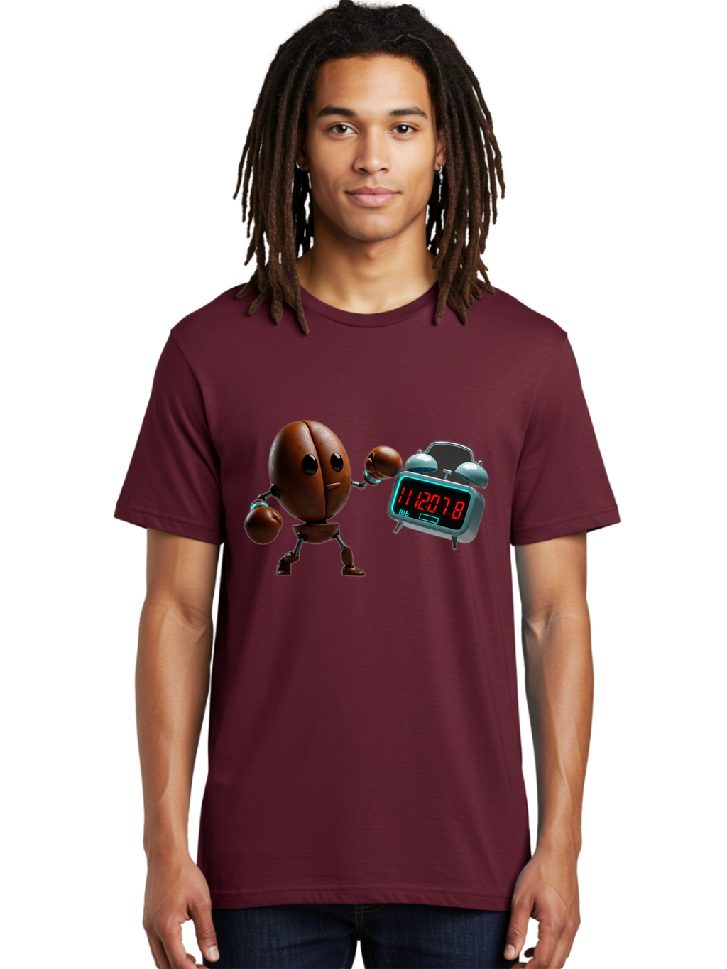 Coffee-Bean-Robot-Punching-Alarm-Clock Men'S Graphic Tee, 100% Cotton, Comfortable Casual Summer Wear, Machine Washable, Vintage Camera, Old Camera, Antique Camera, Black Camera, Classic Photography, Photography Equipment, Nostalgic Device, Bam074