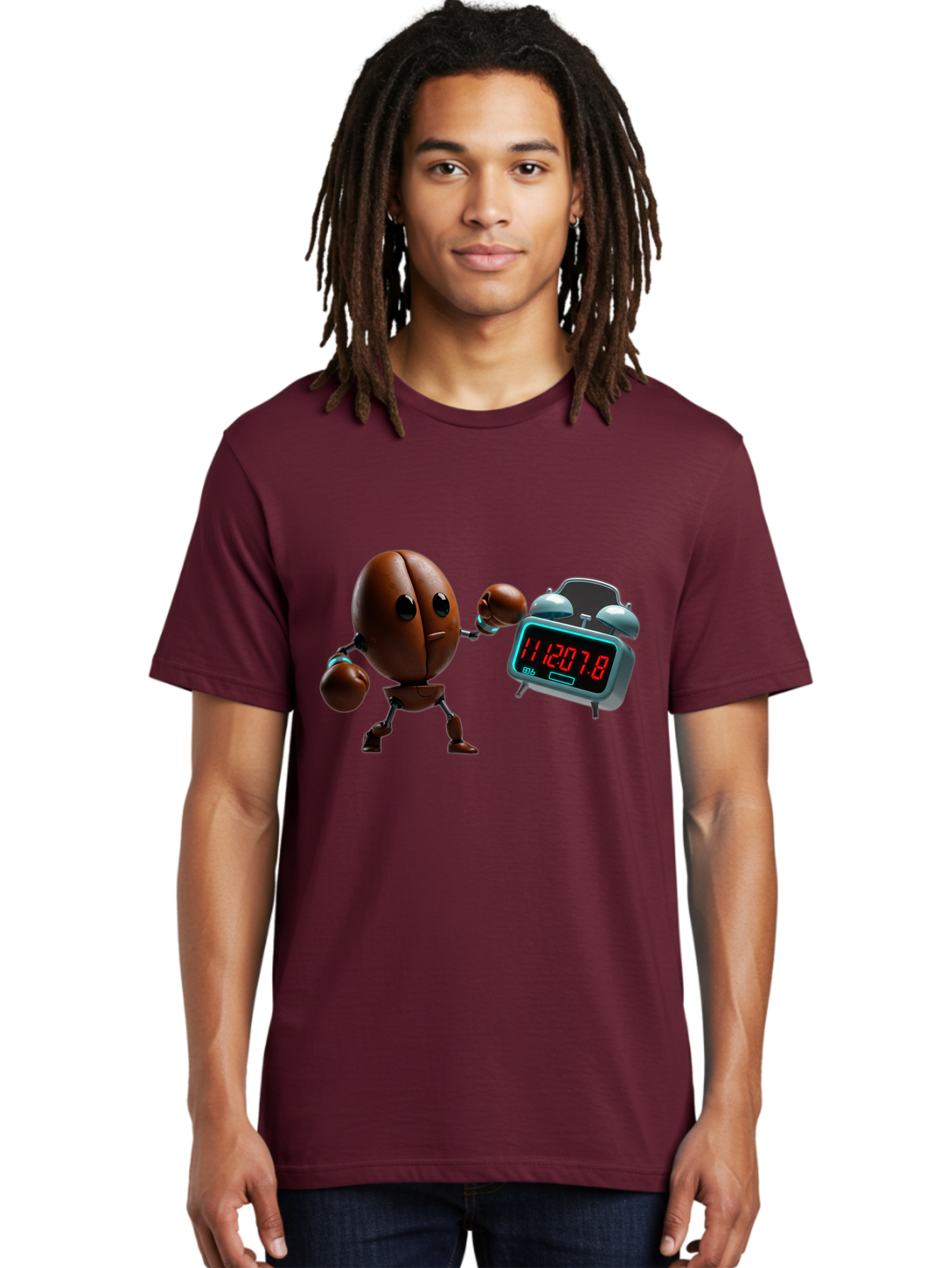 Coffee-Bean-Robot-Punching-Alarm-Clock Men'S Graphic Tee, 100% Cotton, Comfortable Casual Summer Wear, Machine Washable, Vintage Camera, Old Camera, Antique Camera, Black Camera, Classic Photography, Photography Equipment, Nostalgic Device, Bam074