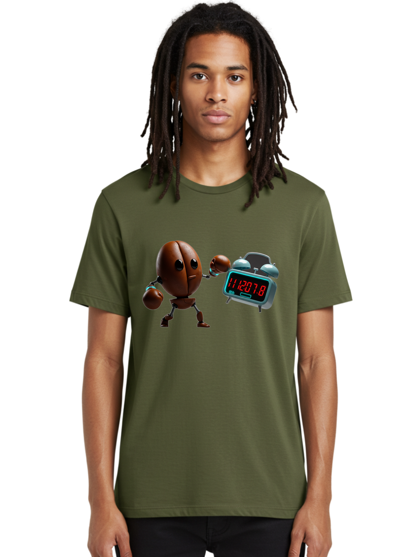Coffee-Bean-Robot-Punching-Alarm-Clock Men'S Graphic Tee, 100% Cotton, Comfortable Casual Summer Wear, Machine Washable, Vintage Camera, Old Camera, Antique Camera, Black Camera, Classic Photography, Photography Equipment, Nostalgic Device, Bam074