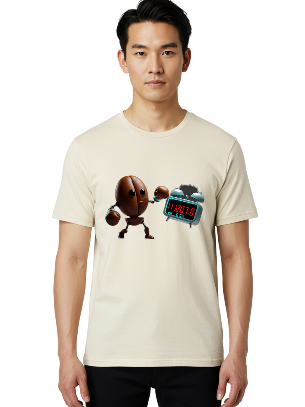 Coffee-Bean-Robot-Punching-Alarm-Clock Men'S Graphic Tee, 100% Cotton, Comfortable Casual Summer Wear, Machine Washable, Vintage Camera, Old Camera, Antique Camera, Black Camera, Classic Photography, Photography Equipment, Nostalgic Device, Bam074