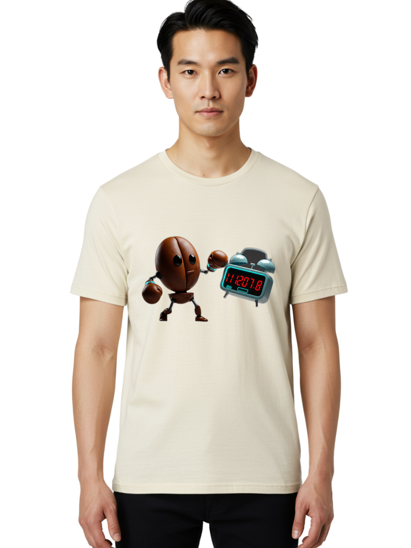 Coffee-Bean-Robot-Punching-Alarm-Clock Men'S Graphic Tee, 100% Cotton, Comfortable Casual Summer Wear, Machine Washable, Vintage Camera, Old Camera, Antique Camera, Black Camera, Classic Photography, Photography Equipment, Nostalgic Device, Bam074