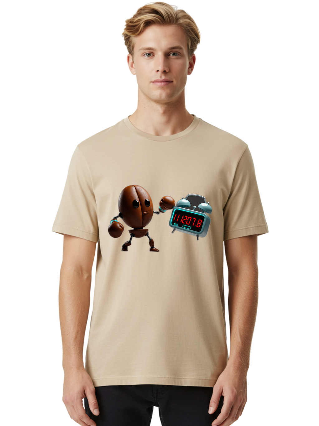 Coffee-Bean-Robot-Punching-Alarm-Clock Men'S Graphic Tee, 100% Cotton, Comfortable Casual Summer Wear, Machine Washable, Vintage Camera, Old Camera, Antique Camera, Black Camera, Classic Photography, Photography Equipment, Nostalgic Device, Bam074