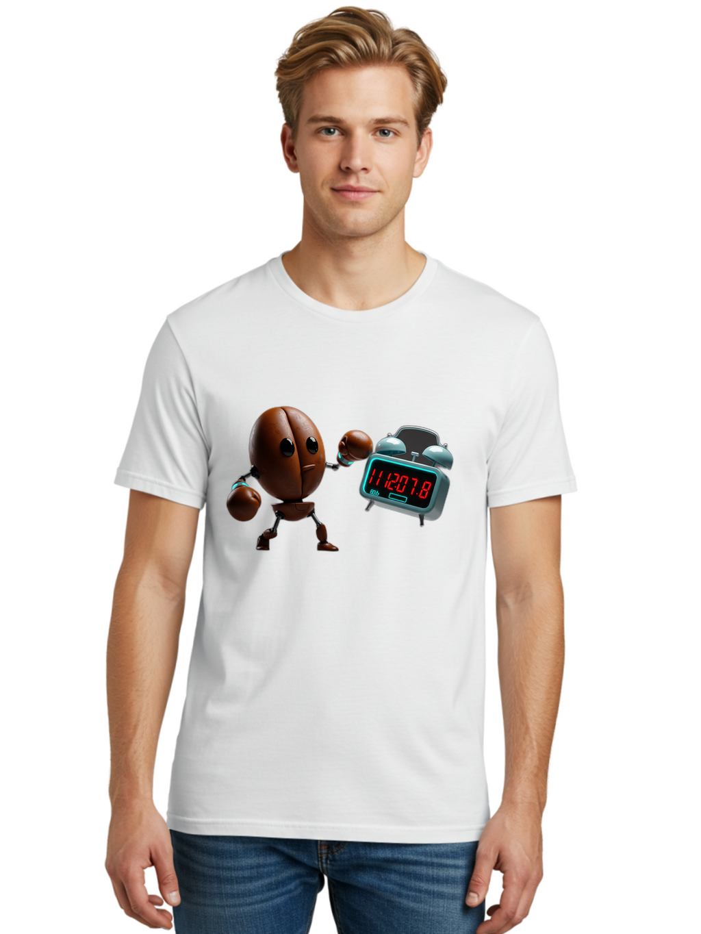 Coffee-Bean-Robot-Punching-Alarm-Clock Men'S Graphic Tee, 100% Cotton, Comfortable Casual Summer Wear, Machine Washable, Vintage Camera, Old Camera, Antique Camera, Black Camera, Classic Photography, Photography Equipment, Nostalgic Device, Bam074