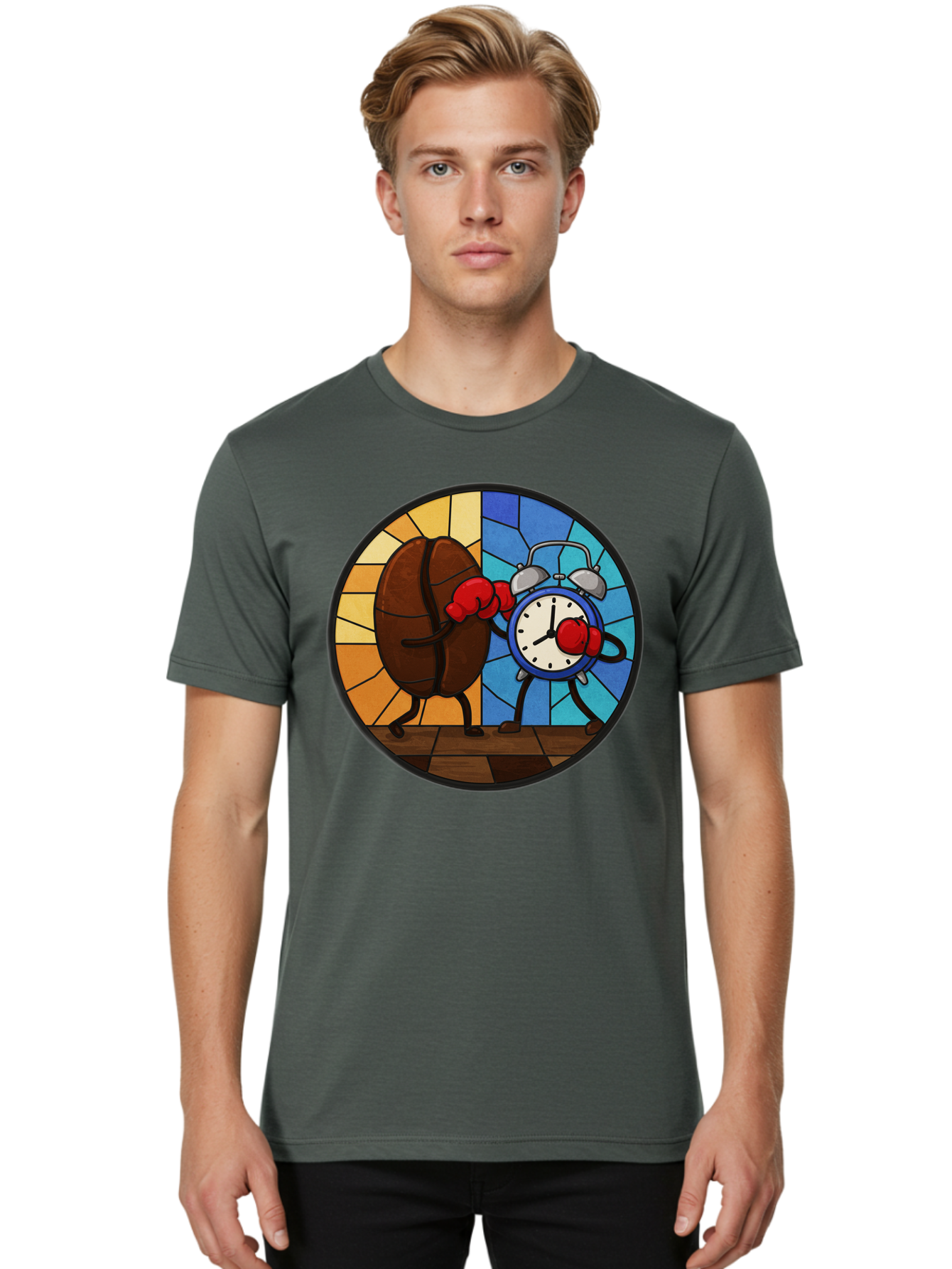 Coffee-Bean-Vs-Alarm-Clock-1 Men'S Graphic Tee, 100% Cotton, Comfortable Casual Summer Wear, Machine Washable, Vintage Camera, Old Camera, Antique Camera, Black Camera, Classic Photography, Photography Equipment, Nostalgic Device, Film Camera, Bam075
