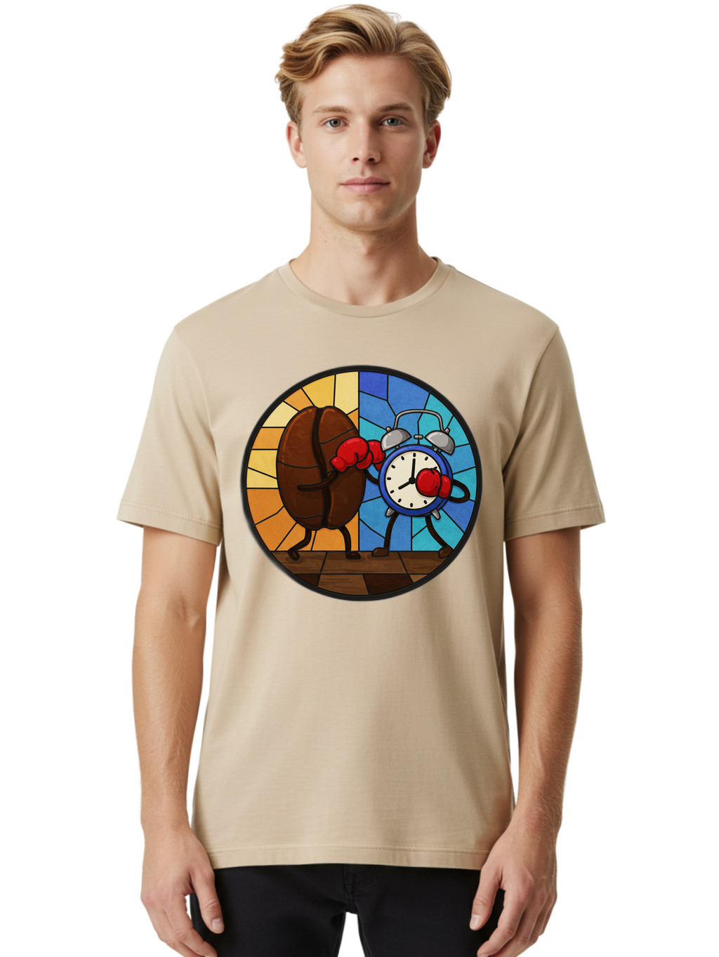 Coffee-Bean-Vs-Alarm-Clock-1 Men'S Graphic Tee, 100% Cotton, Comfortable Casual Summer Wear, Machine Washable, Vintage Camera, Old Camera, Antique Camera, Black Camera, Classic Photography, Photography Equipment, Nostalgic Device, Film Camera, Bam075