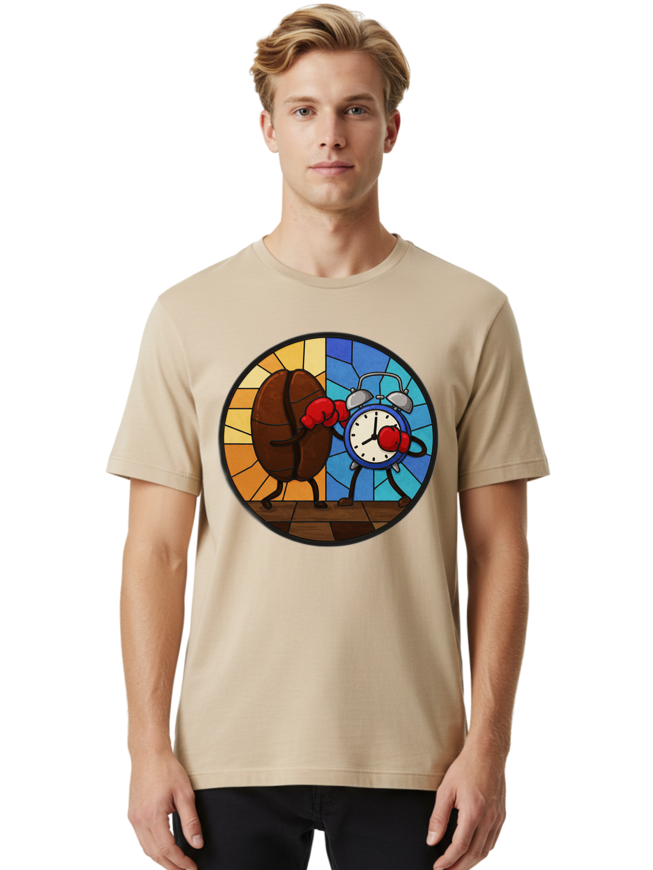 Coffee-Bean-Vs-Alarm-Clock-1 Men'S Graphic Tee, 100% Cotton, Comfortable Casual Summer Wear, Machine Washable, Vintage Camera, Old Camera, Antique Camera, Black Camera, Classic Photography, Photography Equipment, Nostalgic Device, Film Camera, Bam075