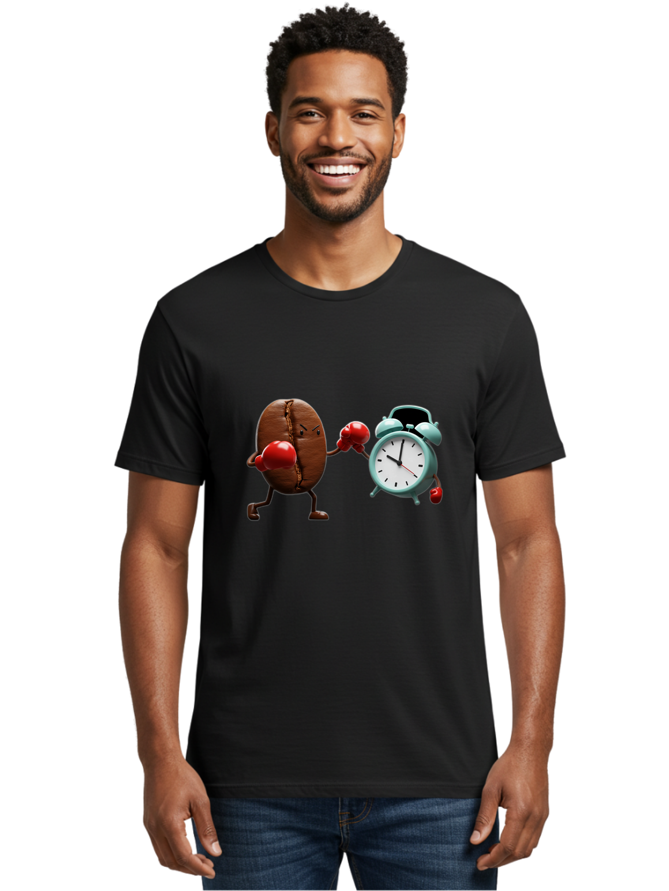 Coffee-Bean-Vs-Alarm-Clock-2 Men'S Graphic Tee, 100% Cotton, Comfortable Casual Summer Wear, Machine Washable, Vintage Camera, Old Camera, Antique Camera, Black Camera, Classic Photography, Photography Equipment, Nostalgic Device, Film Camera, Bam076