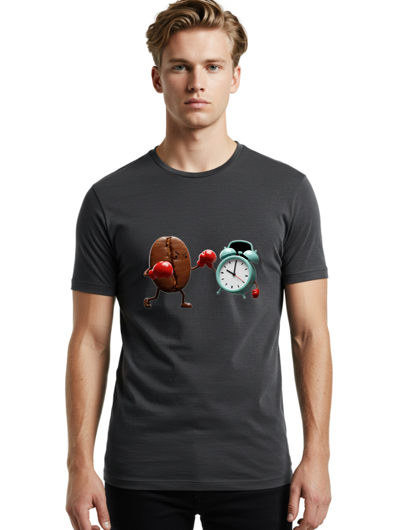 Coffee-Bean-Vs-Alarm-Clock-2 Men'S Graphic Tee, 100% Cotton, Comfortable Casual Summer Wear, Machine Washable, Vintage Camera, Old Camera, Antique Camera, Black Camera, Classic Photography, Photography Equipment, Nostalgic Device, Film Camera, Bam076