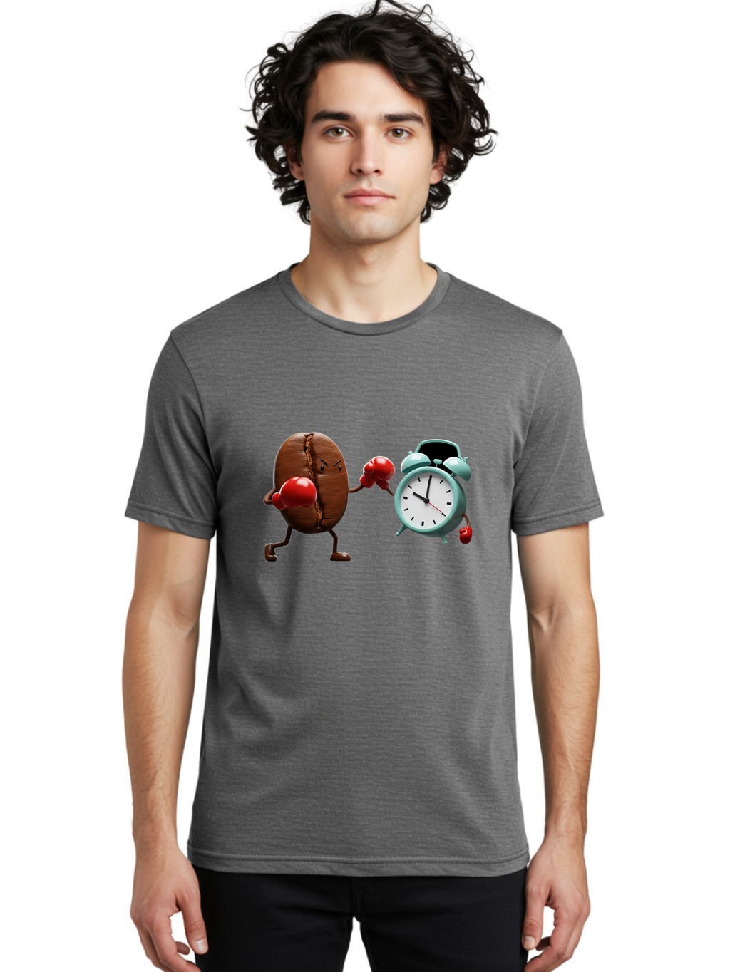 Coffee-Bean-Vs-Alarm-Clock-2 Men'S Graphic Tee, 100% Cotton, Comfortable Casual Summer Wear, Machine Washable, Vintage Camera, Old Camera, Antique Camera, Black Camera, Classic Photography, Photography Equipment, Nostalgic Device, Film Camera, Bam076