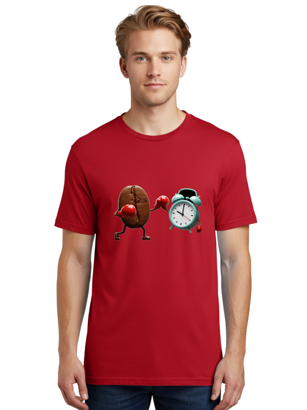 Coffee-Bean-Vs-Alarm-Clock-2 Men'S Graphic Tee, 100% Cotton, Comfortable Casual Summer Wear, Machine Washable, Vintage Camera, Old Camera, Antique Camera, Black Camera, Classic Photography, Photography Equipment, Nostalgic Device, Film Camera, Bam076